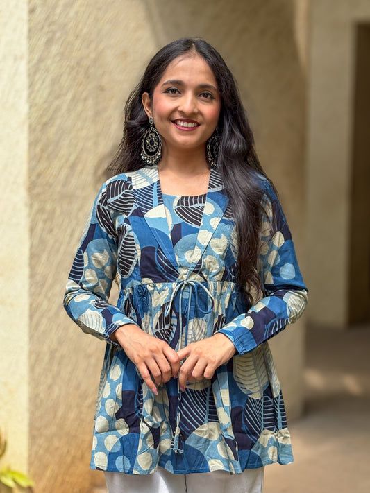 Blue Floral Print Cotton Top