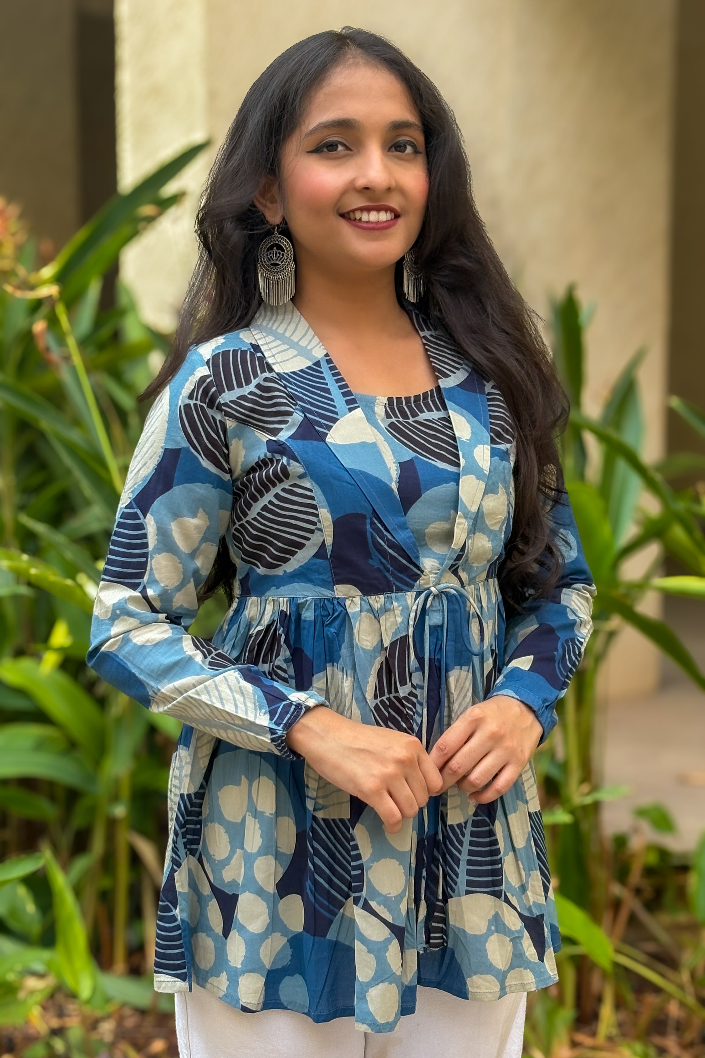 Blue Polka Dot Print Jacket Peplum Kurti
