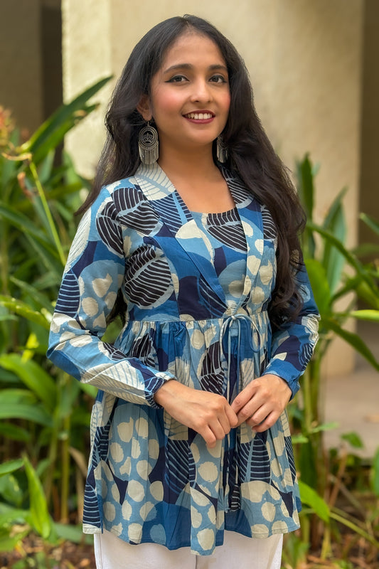 Blue Polka Dot Print Jacket Peplum Kurti