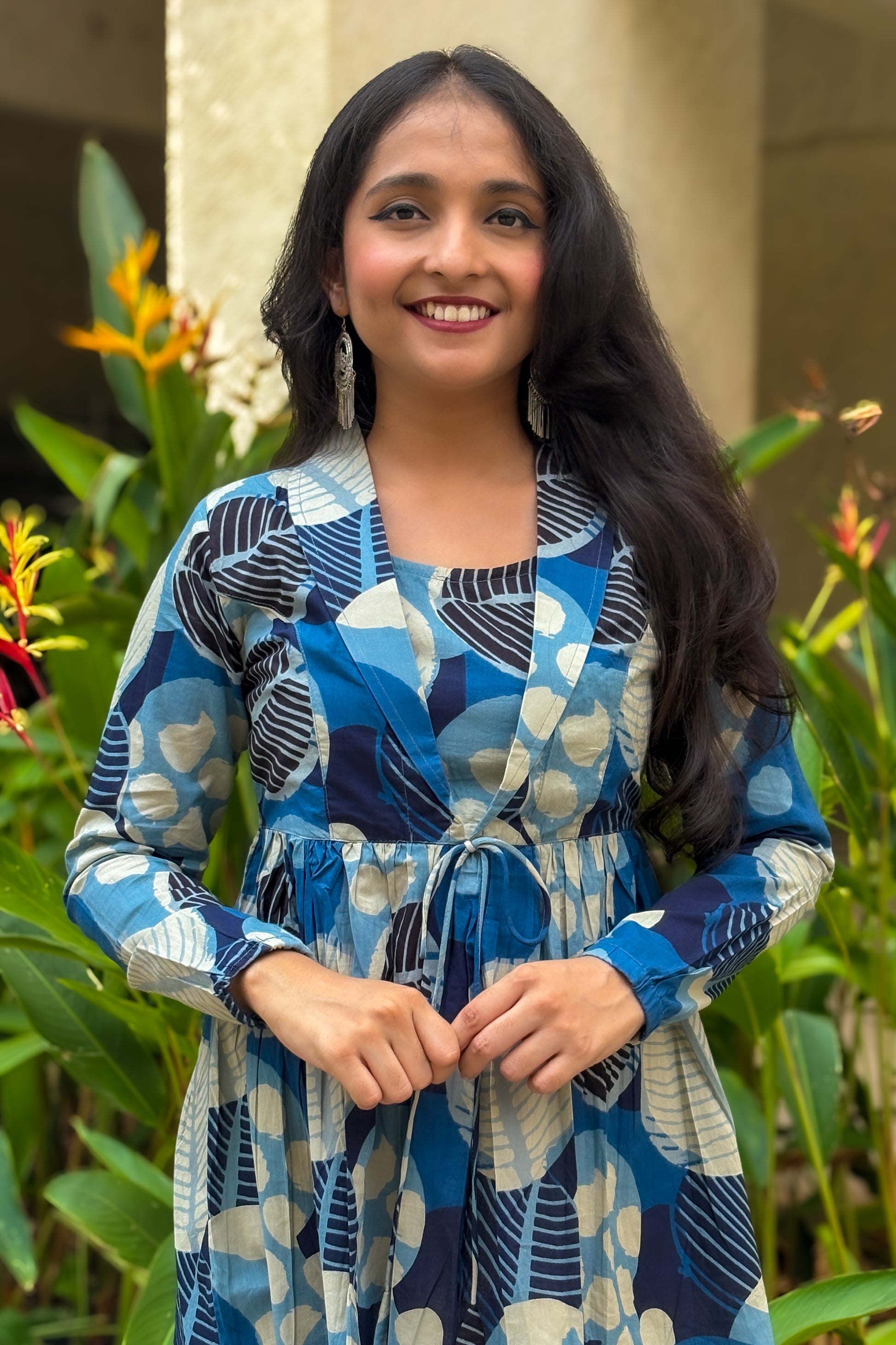 Blue Polka Dot Print Jacket Peplum Kurti