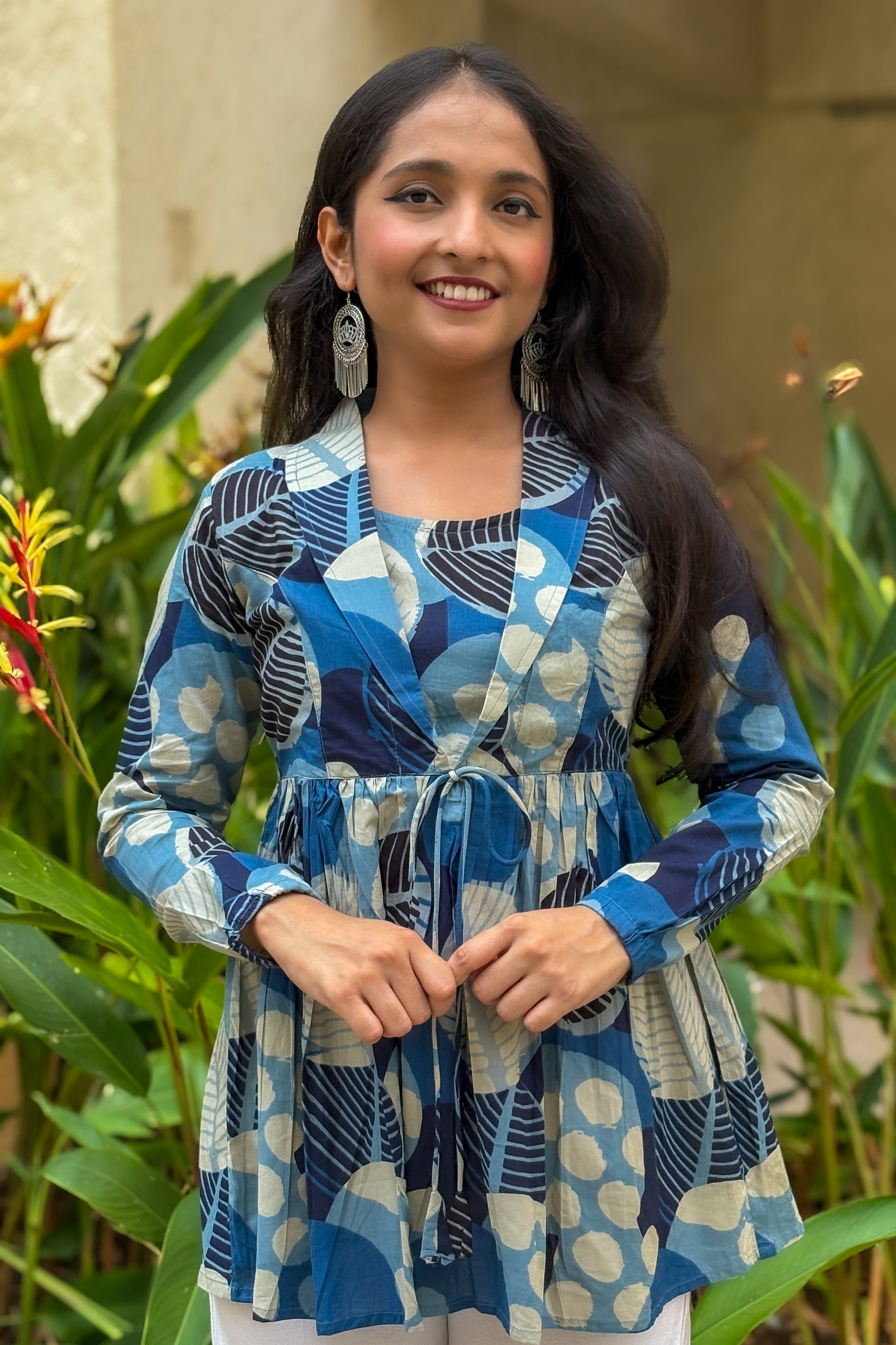 Blue Polka Dot Print Jacket Peplum Kurti