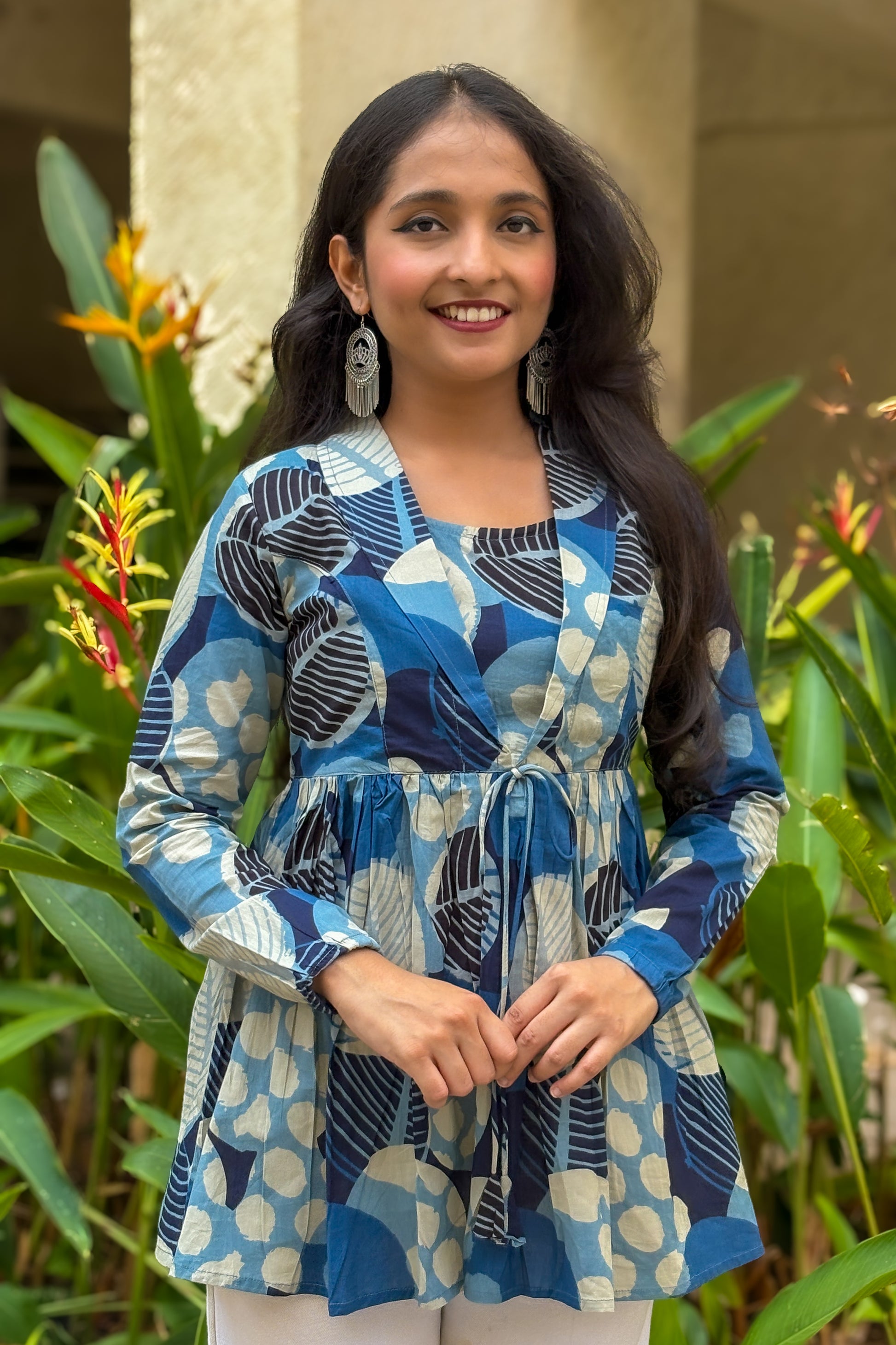 Blue Polka Dot Print Jacket Peplum Kurti