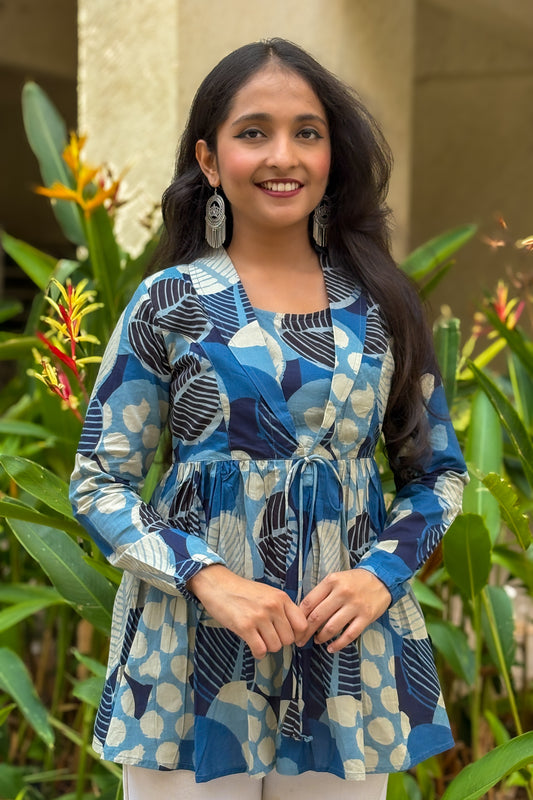 Blue Polka Dot Print Jacket Peplum Kurti