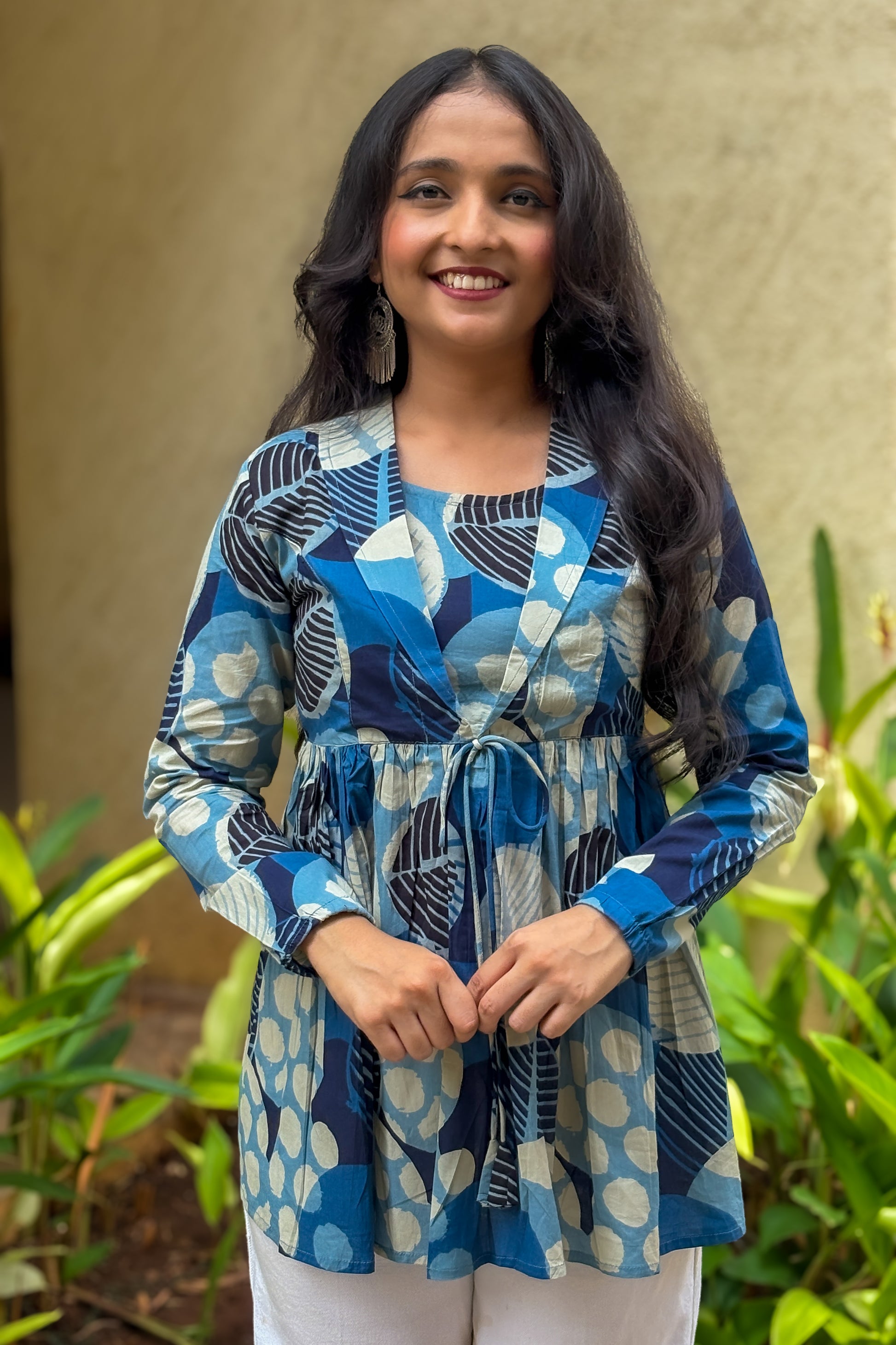 Blue Polka Dot Print Jacket Peplum Kurti