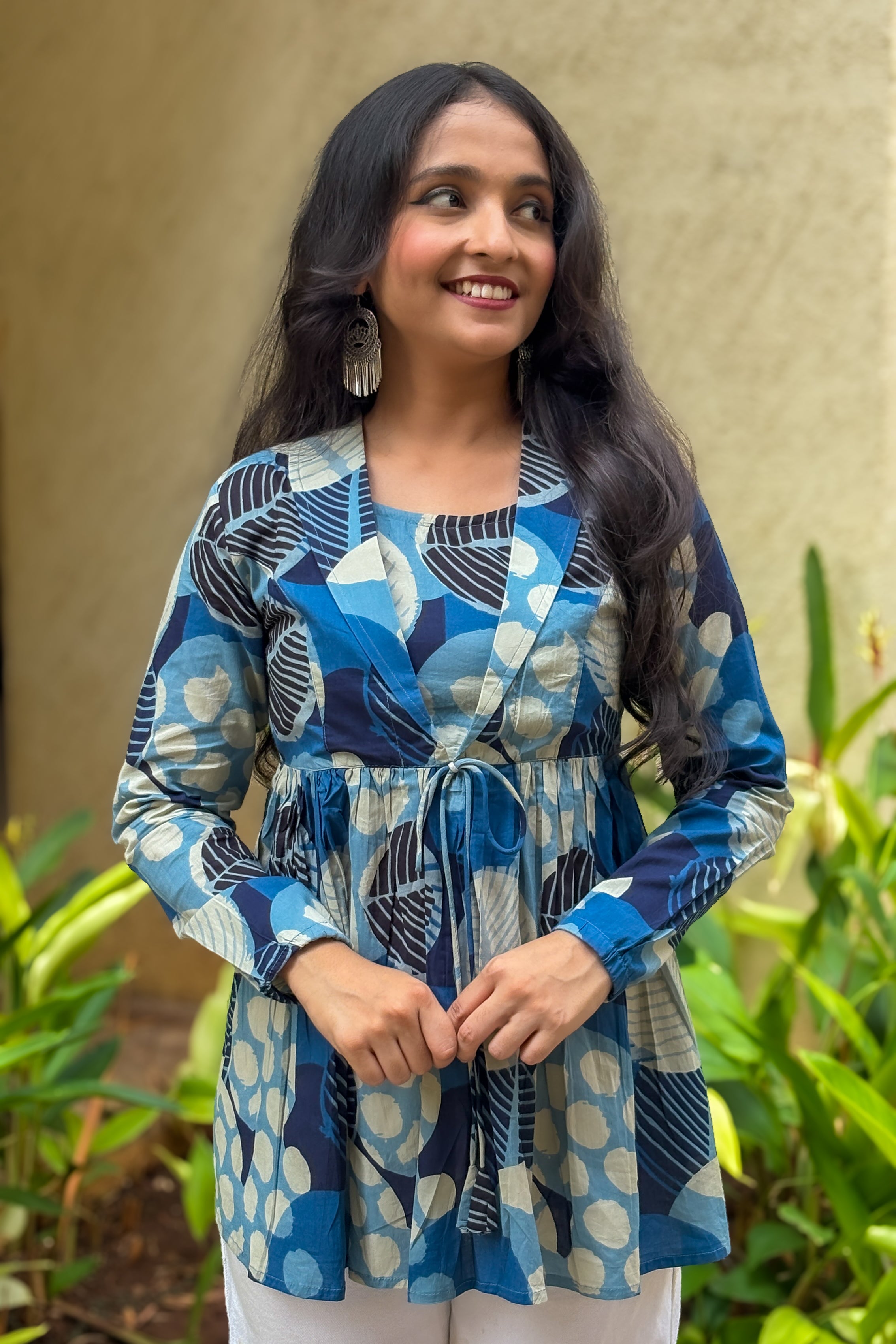 Blue Polka Dot Print Jacket Peplum Kurti