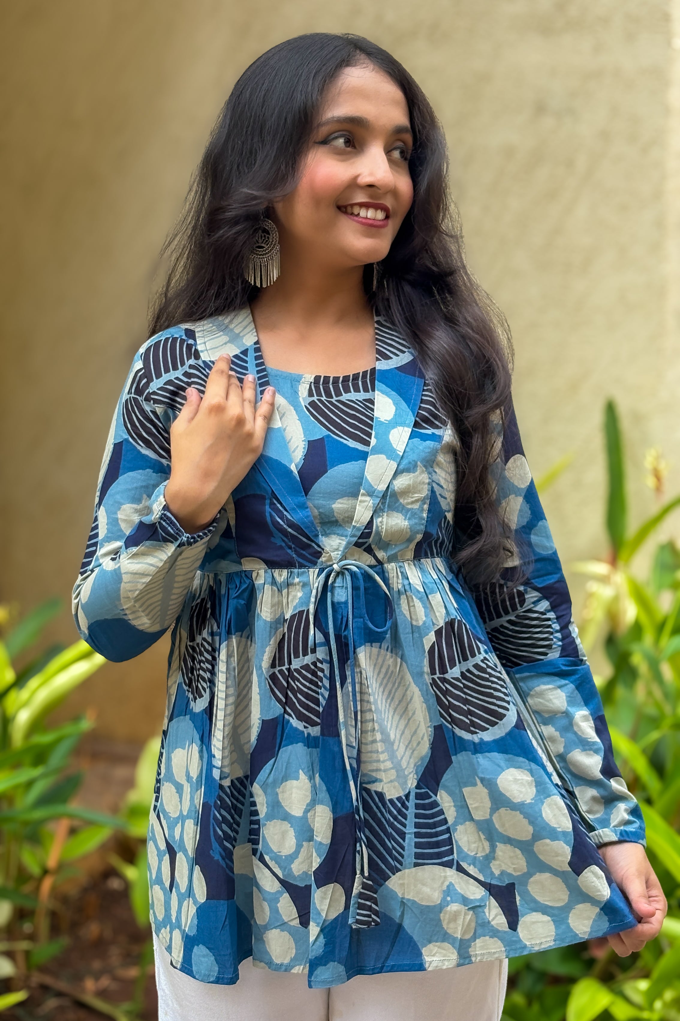 Blue Polka Dot Print Jacket Peplum Kurti