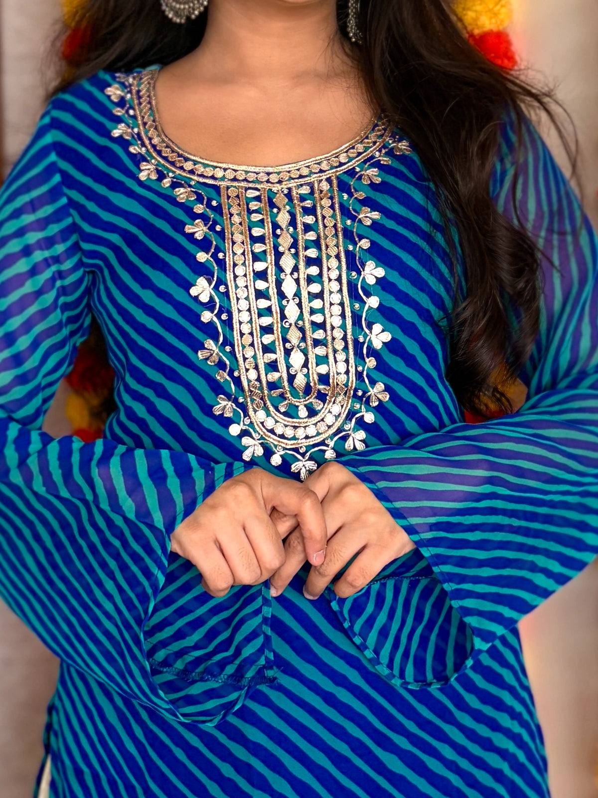 Blue Leheriya Gotta Patti Work Geogratte Round Neck Top