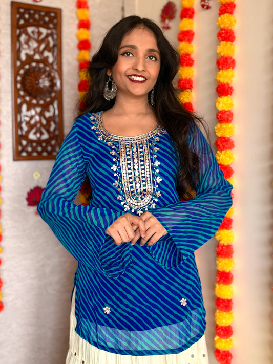 Blue Leheriya Gotta Patti Work Geogratte Round Neck Top