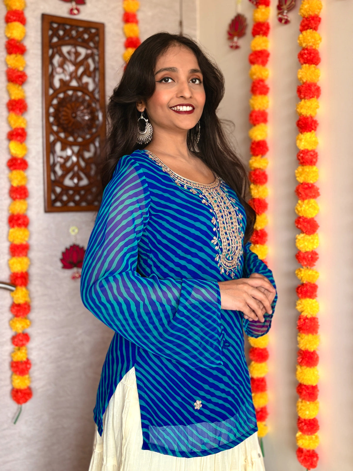 Blue Leheriya Gotta Patti Work Geogratte Round Neck Top