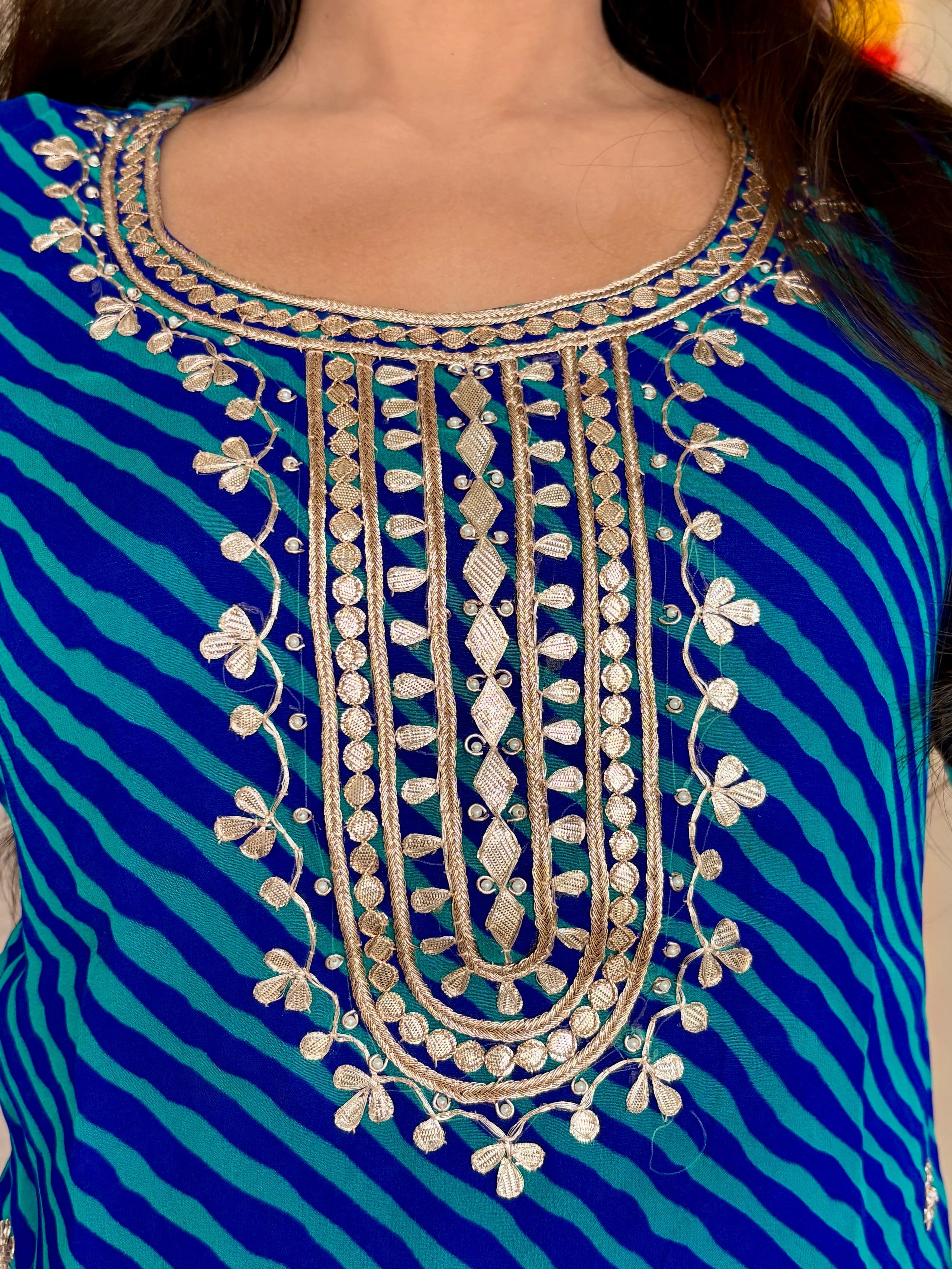 Blue Leheriya Gotta Patti Work Geogratte Round Neck Top