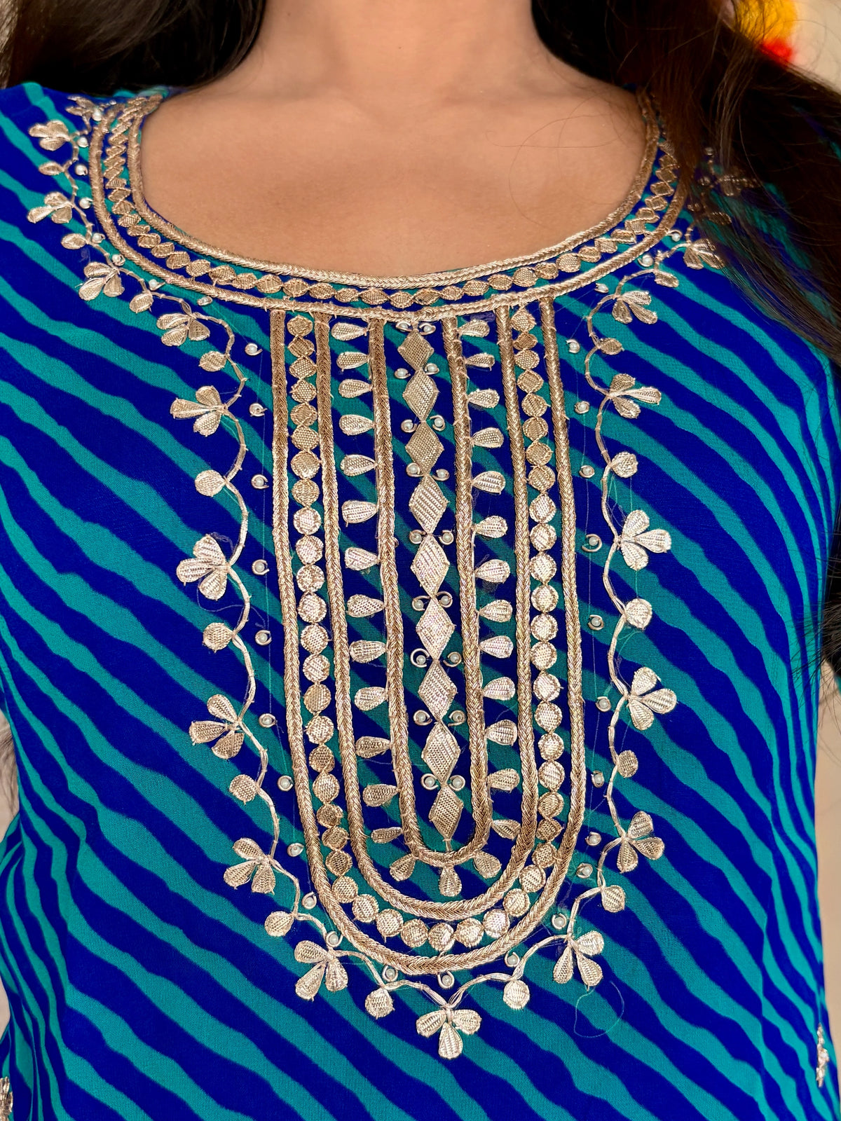 Blue Leheriya Gotta Patti Work Geogratte Round Neck Top