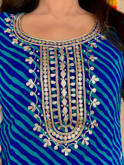 Blue Leheriya Gotta Patti Work Geogratte Round Neck Top
