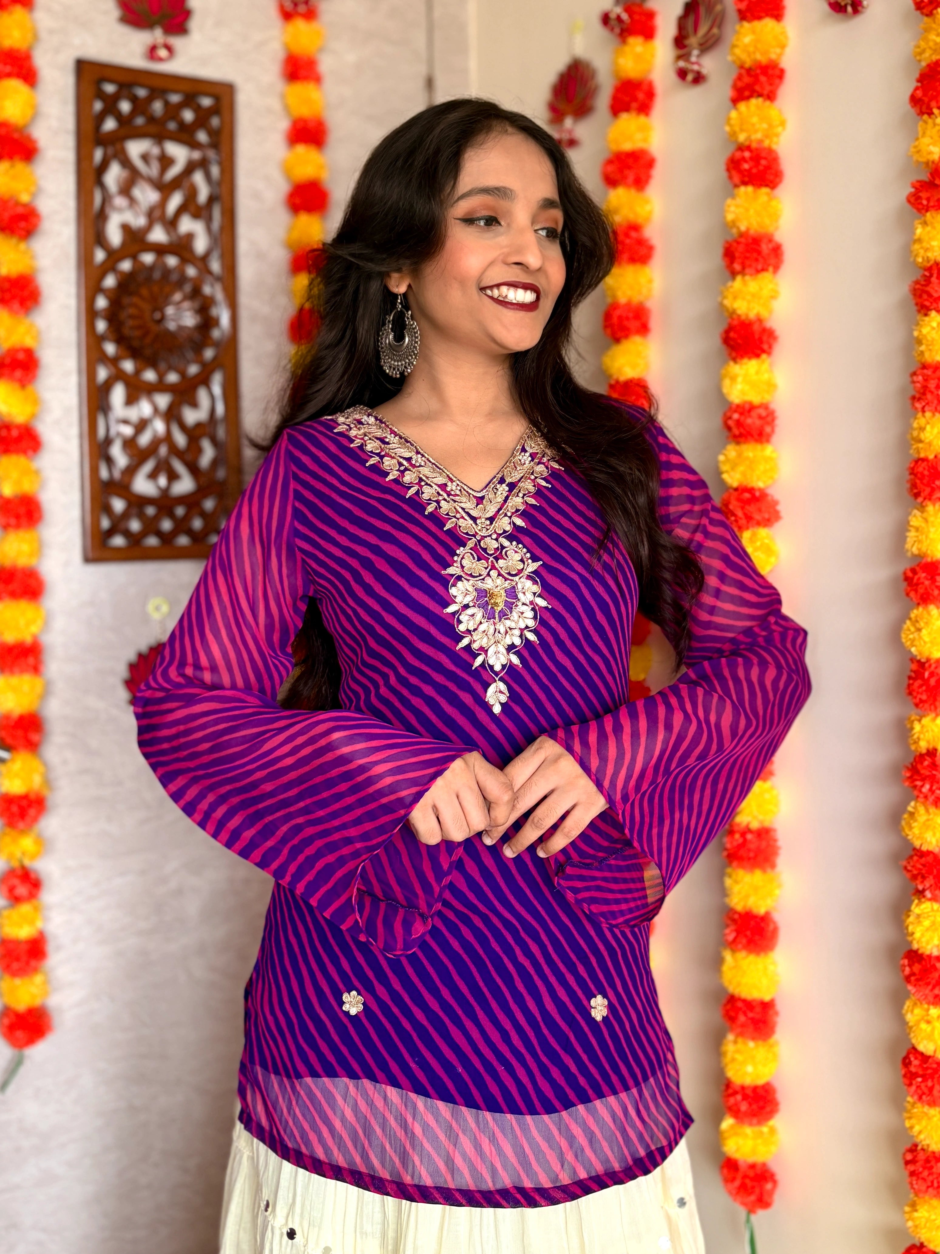 Purple Leheriya Gotta Patti Work Geogratte V Neck Top