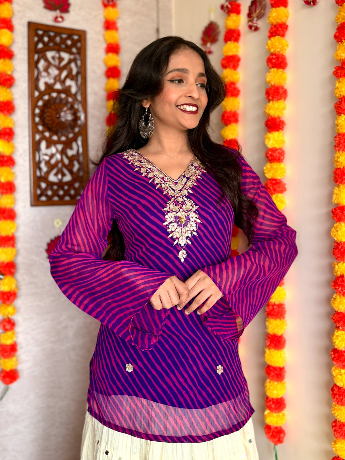 Purple Leheriya Gotta Patti Work Geogratte V Neck Top