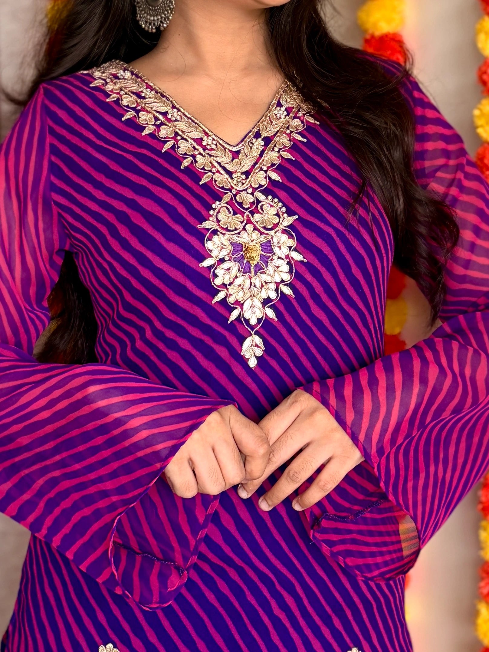 Purple Leheriya Gotta Patti Work Geogratte V Neck Top