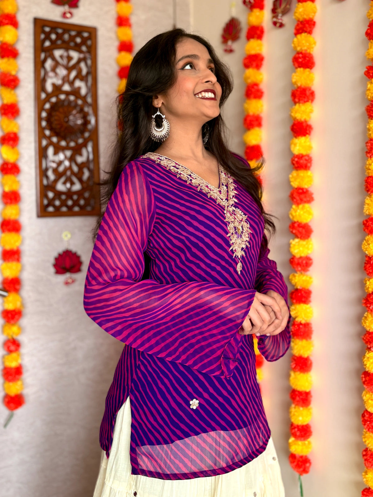 Purple Leheriya Gotta Patti Work Geogratte V Neck Top