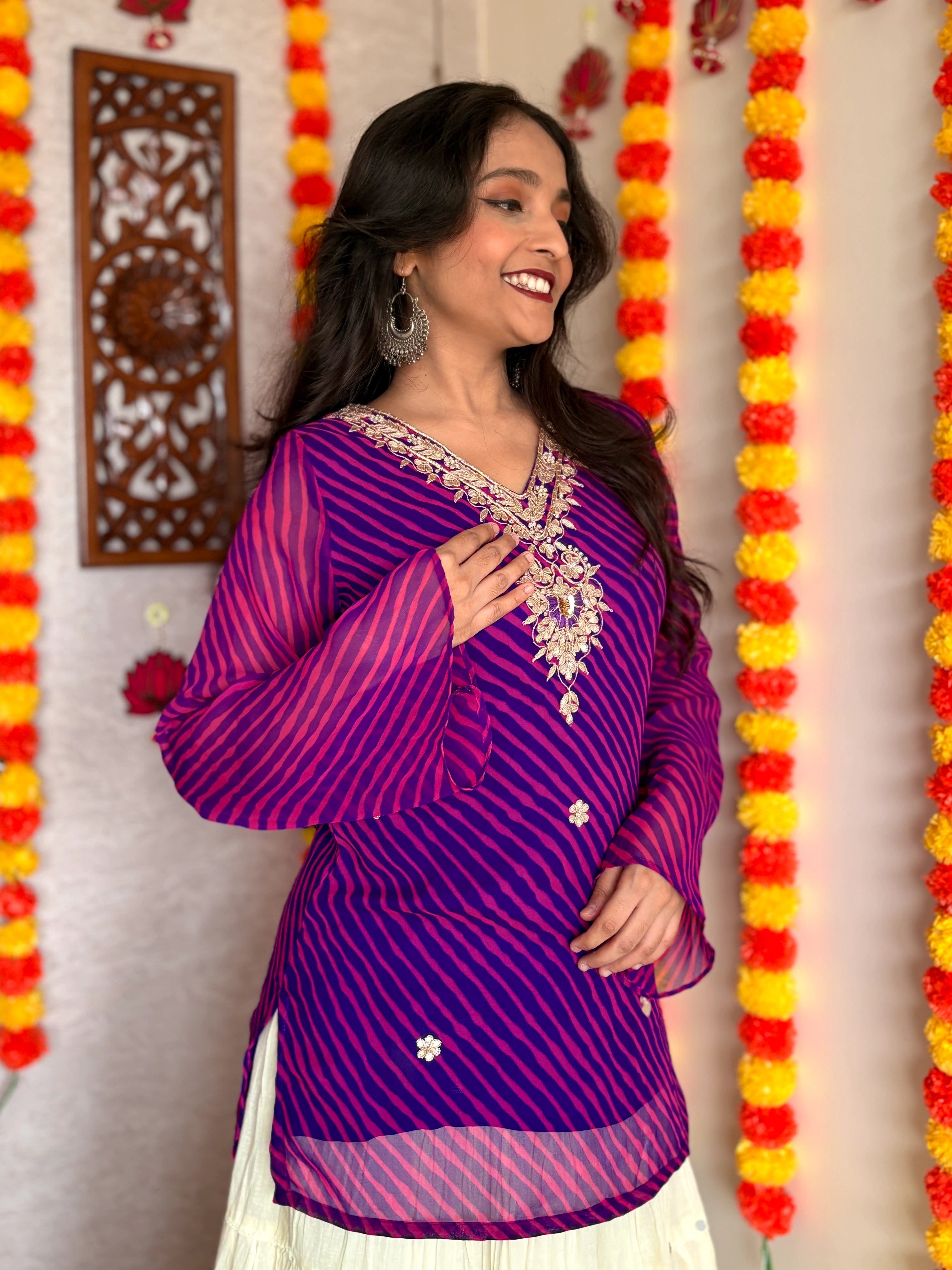 Purple Leheriya Gotta Patti Work Geogratte V Neck Top