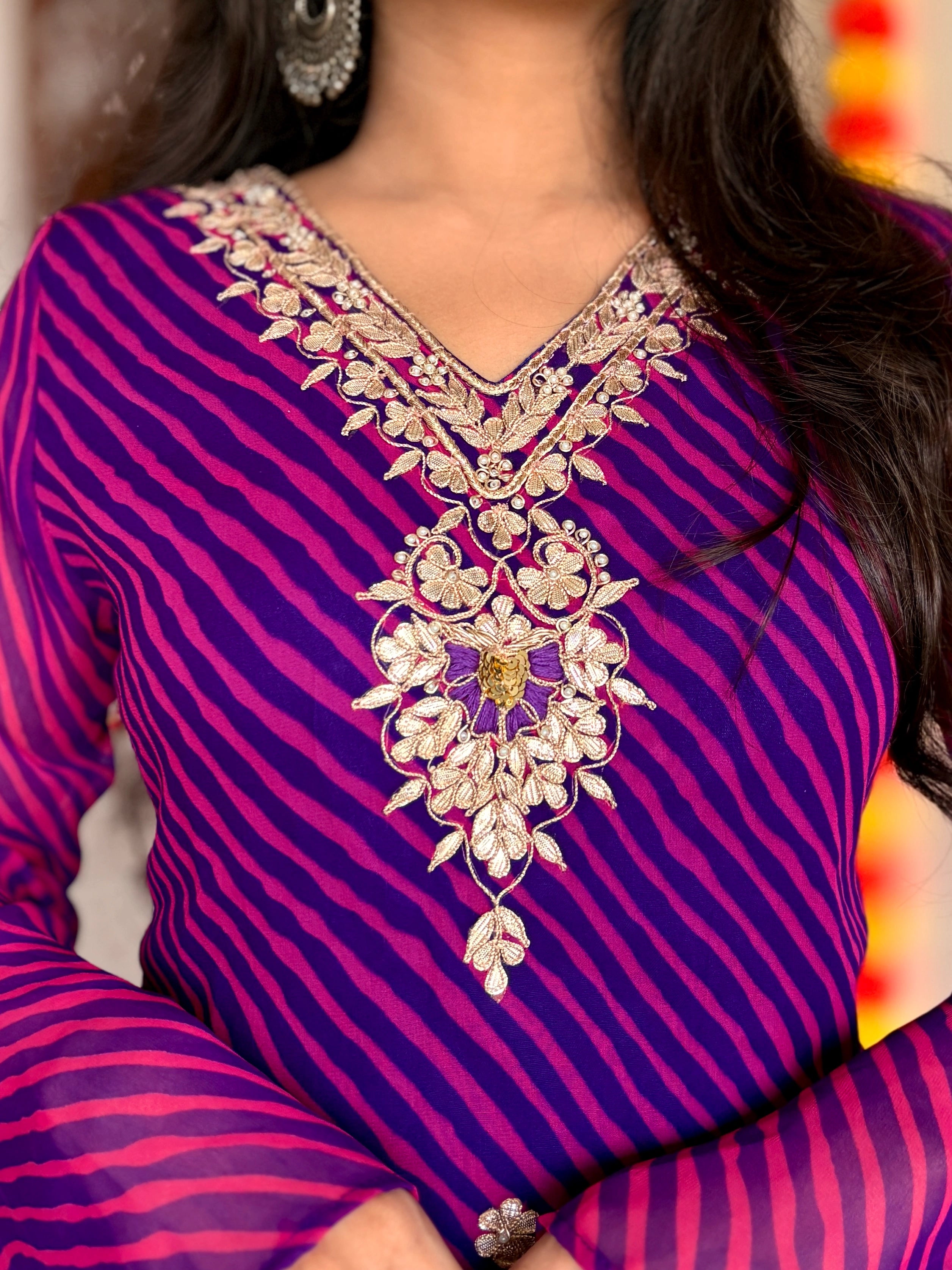 Purple Leheriya Gotta Patti Work Geogratte V Neck Top