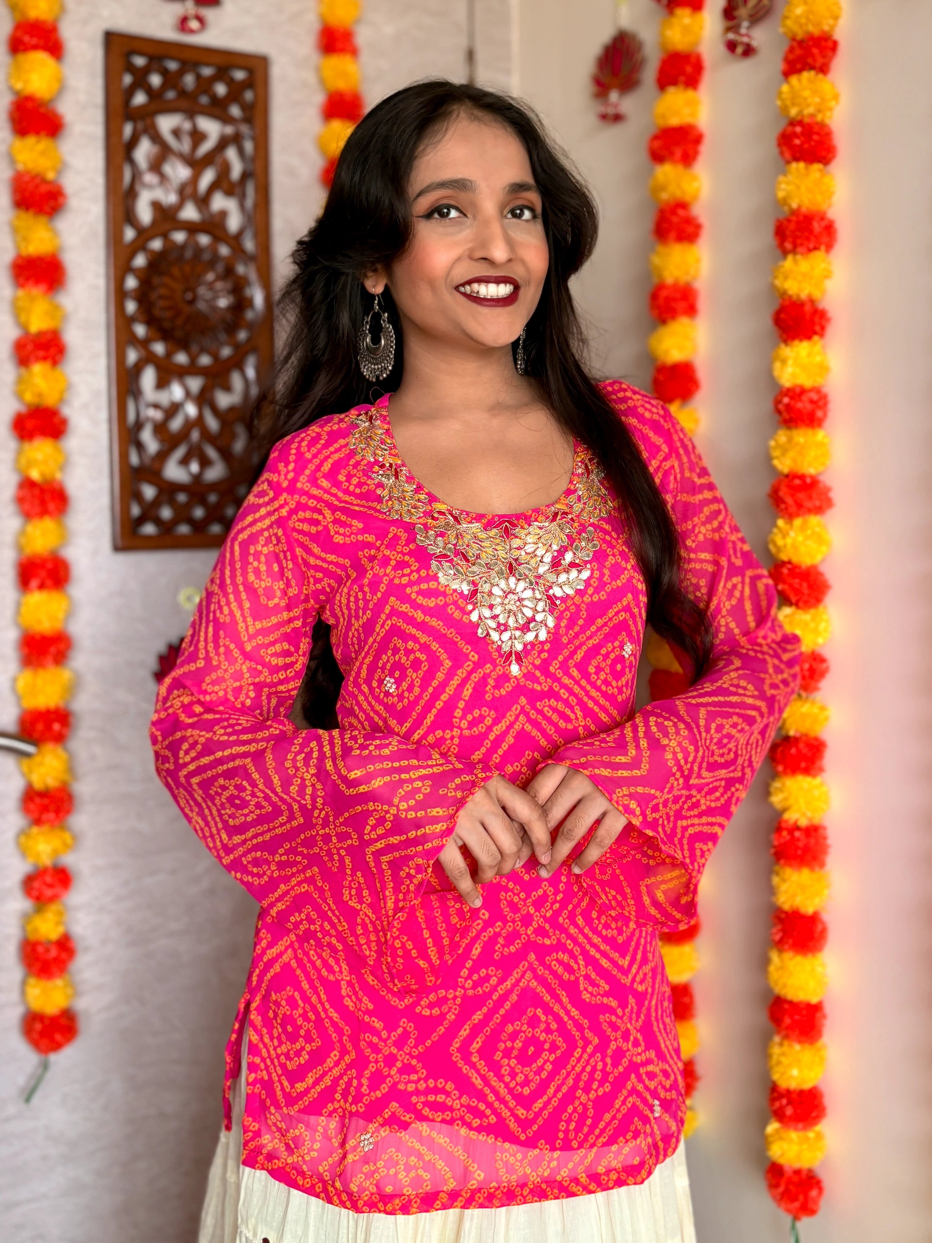 Pink Round Neck Georgette Bandhani Print Top