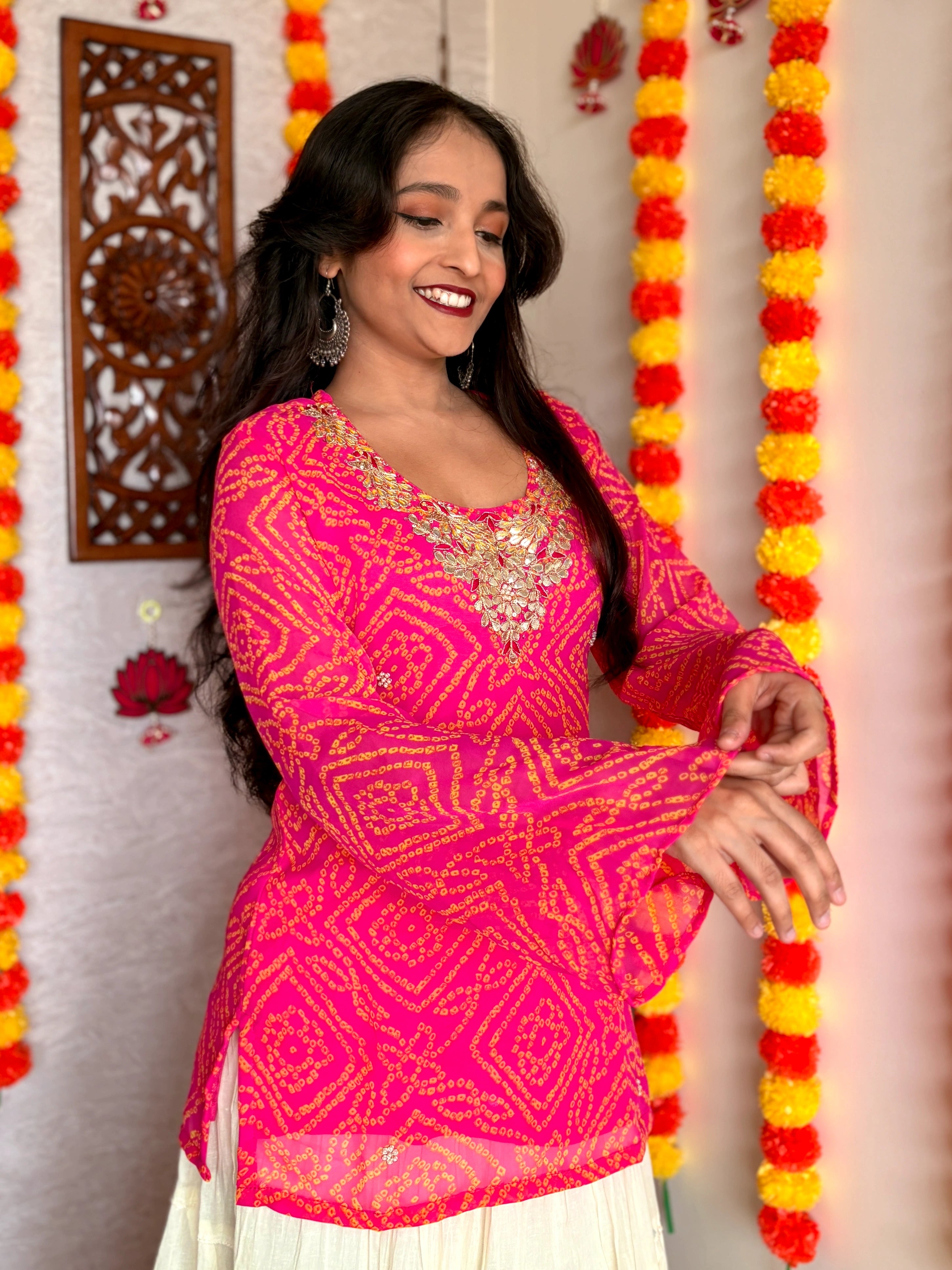 Pink Round Neck Georgette Bandhani Print Top