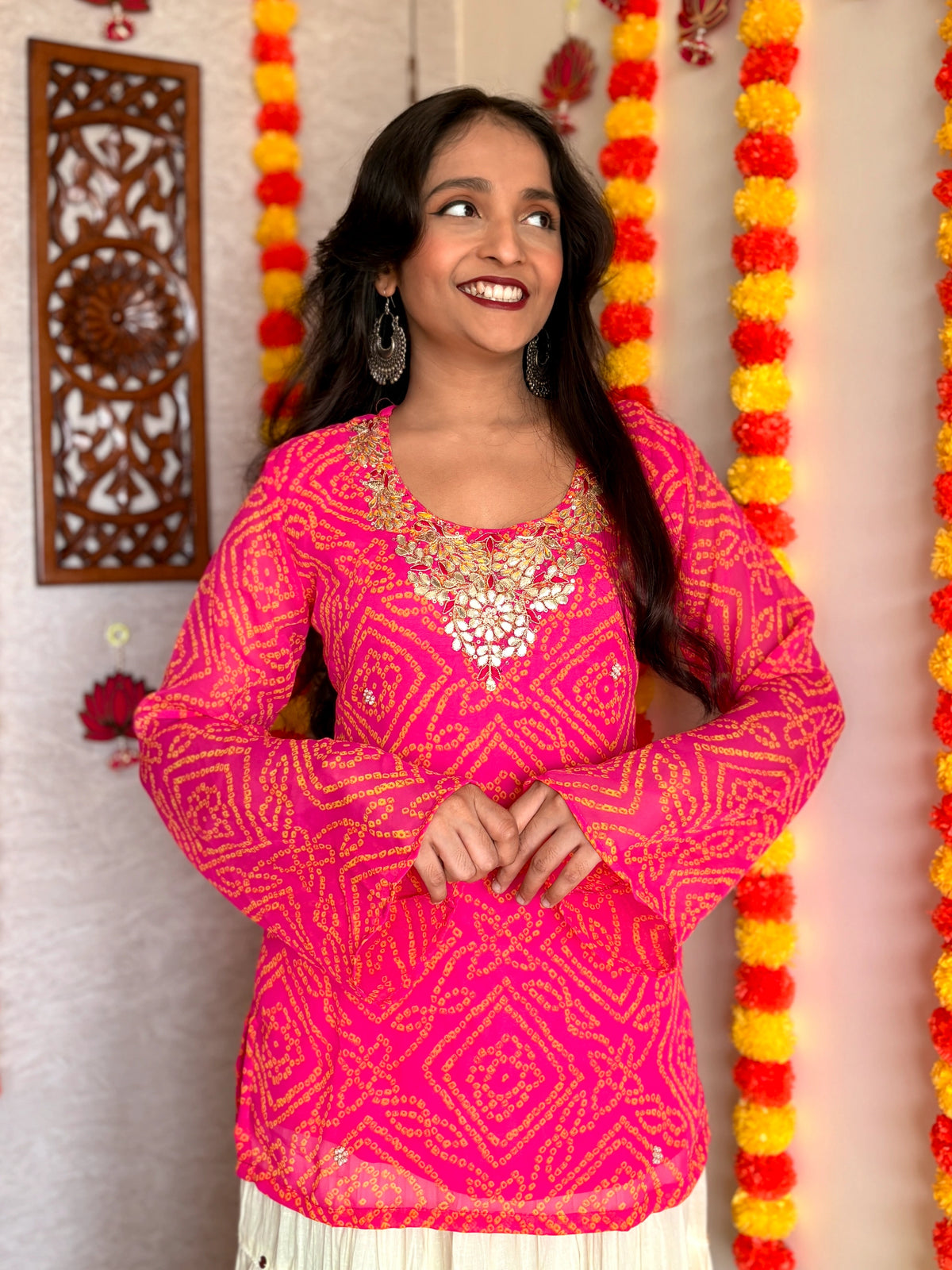 Pink Round Neck Georgette Bandhani Print Top
