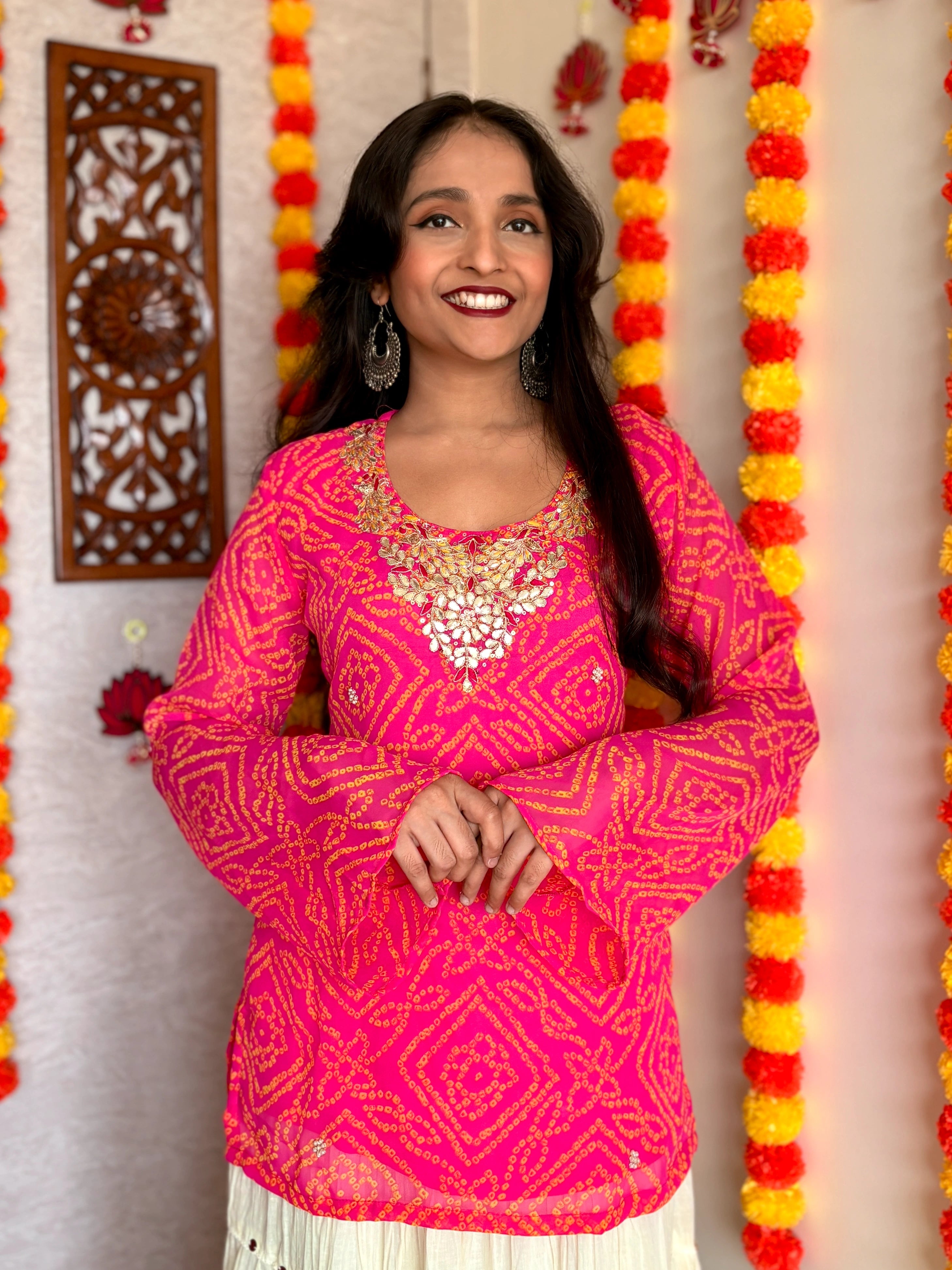Pink Round Neck Georgette Bandhani Print Top