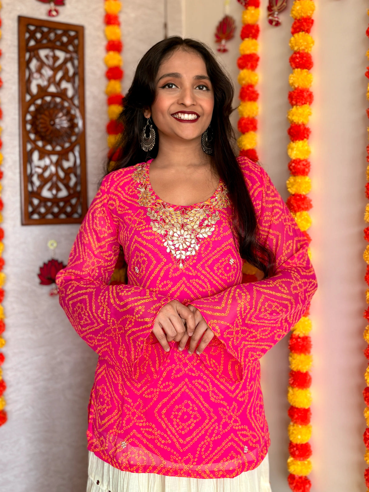 Pink Round Neck Georgette Bandhani Print Top