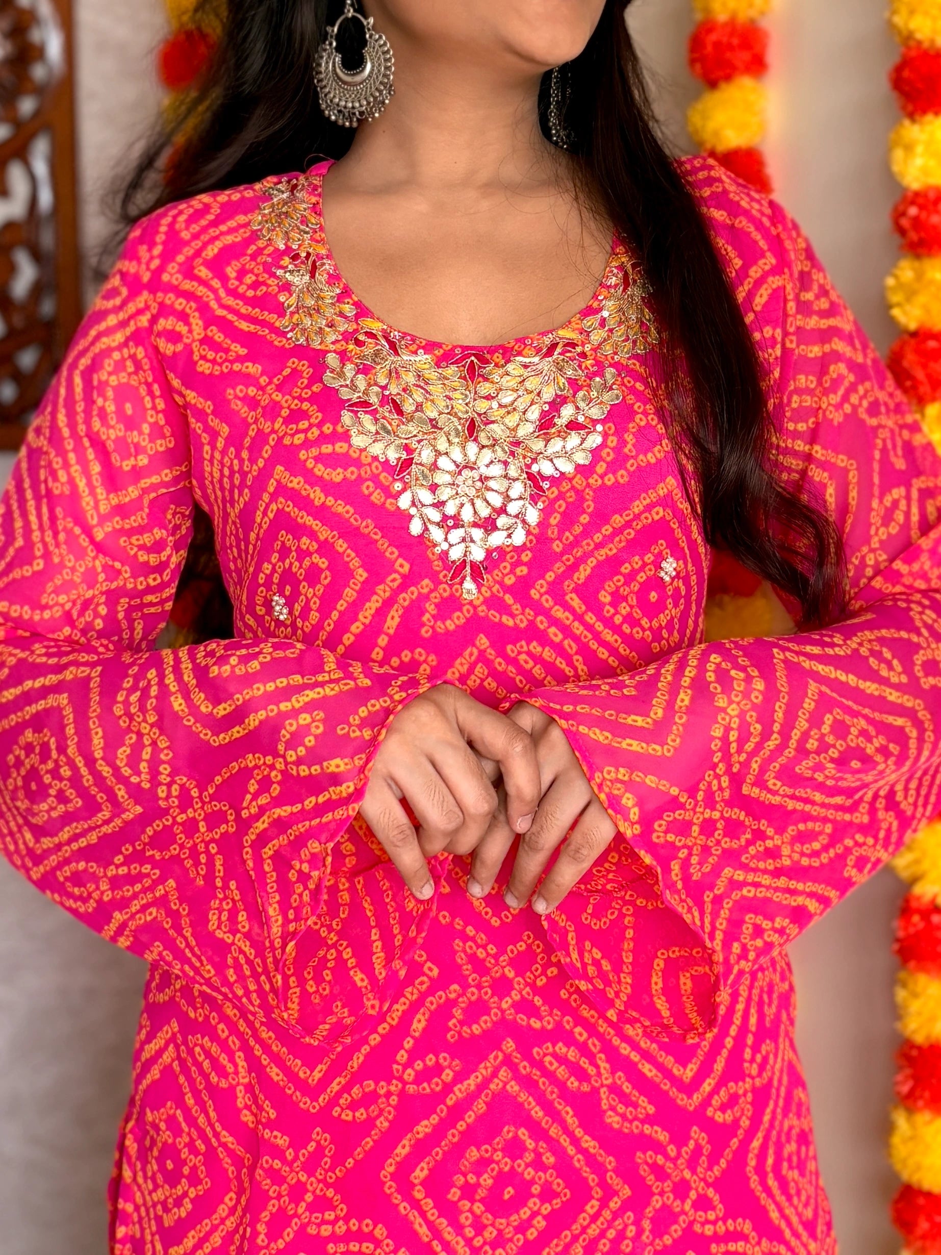 Pink Round Neck Georgette Bandhani Print Top