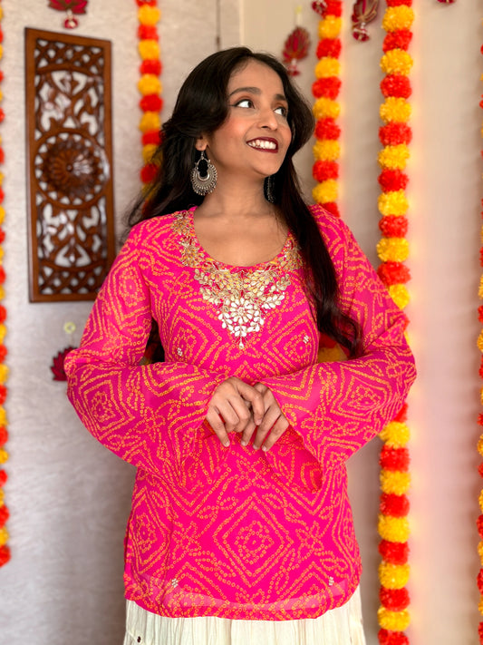 Pink Round Neck Georgette Bandhani Print Top
