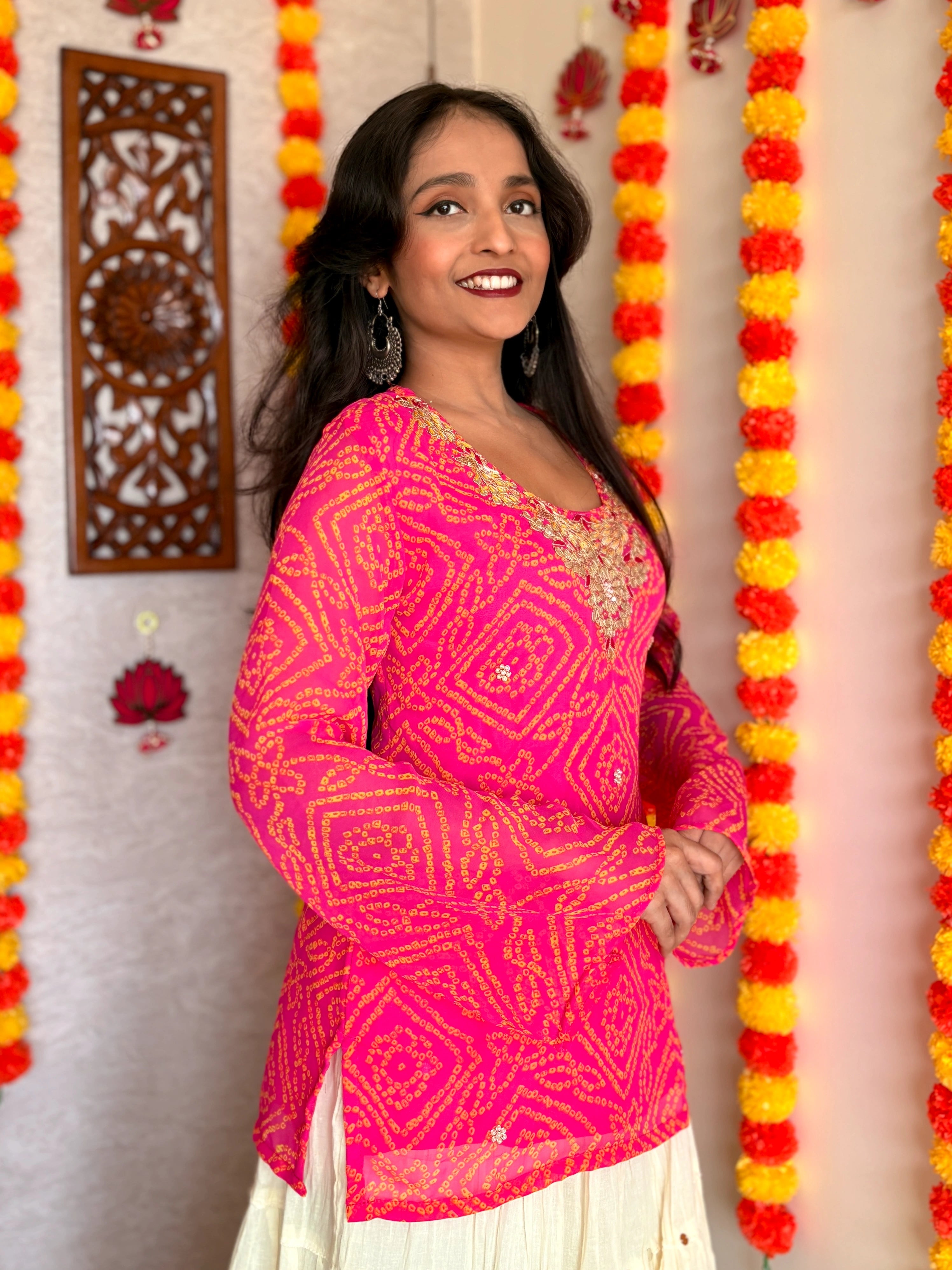 Pink Round Neck Georgette Bandhani Print Top