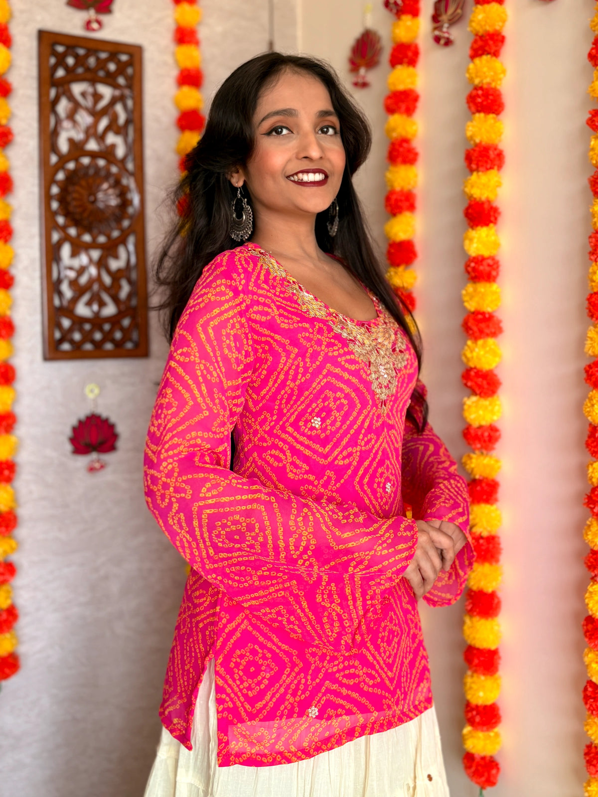 Pink Round Neck Georgette Bandhani Print Top