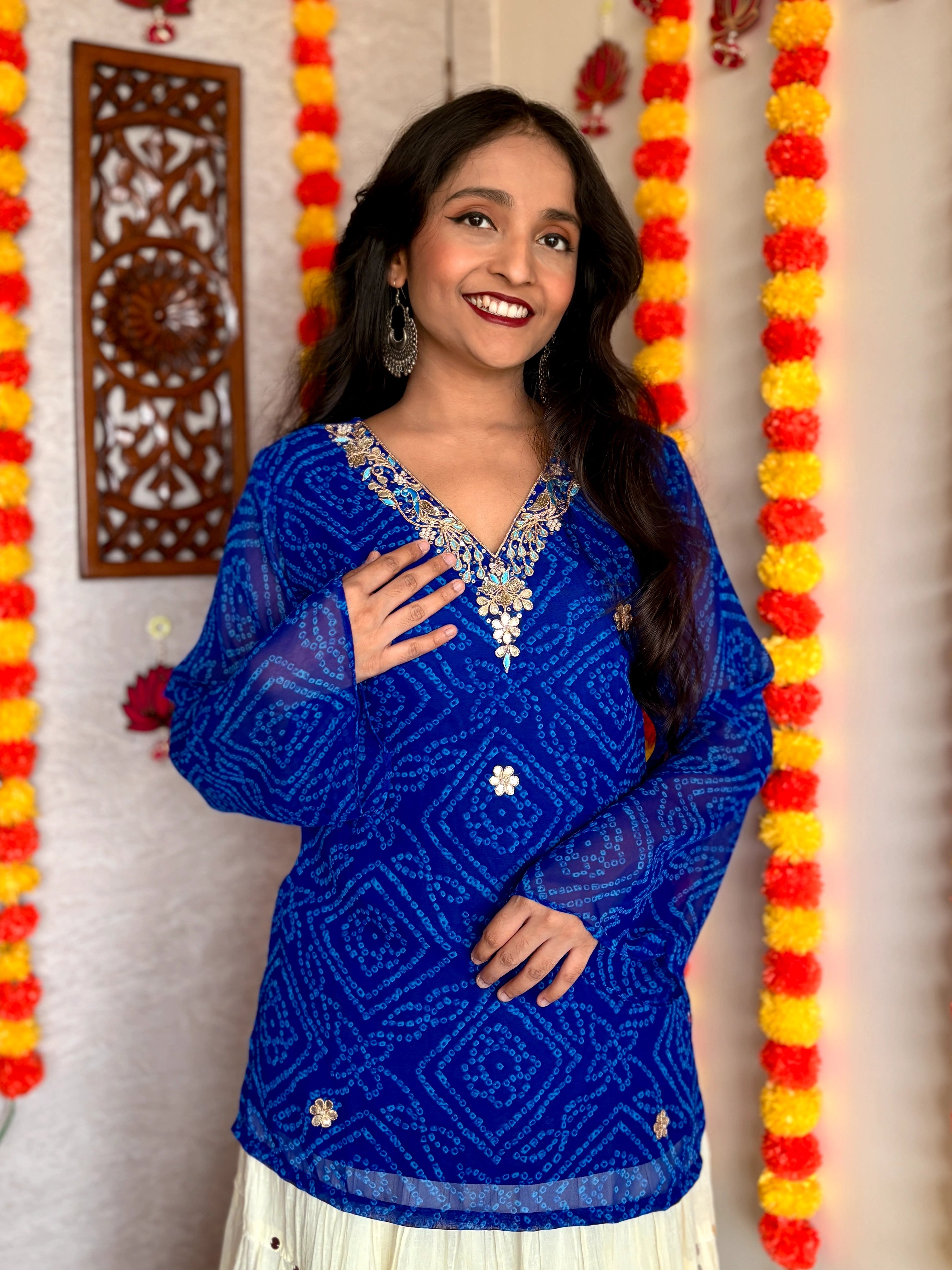 Blue Bandhani Gotta Patti Work Geogratte V-Neck Top