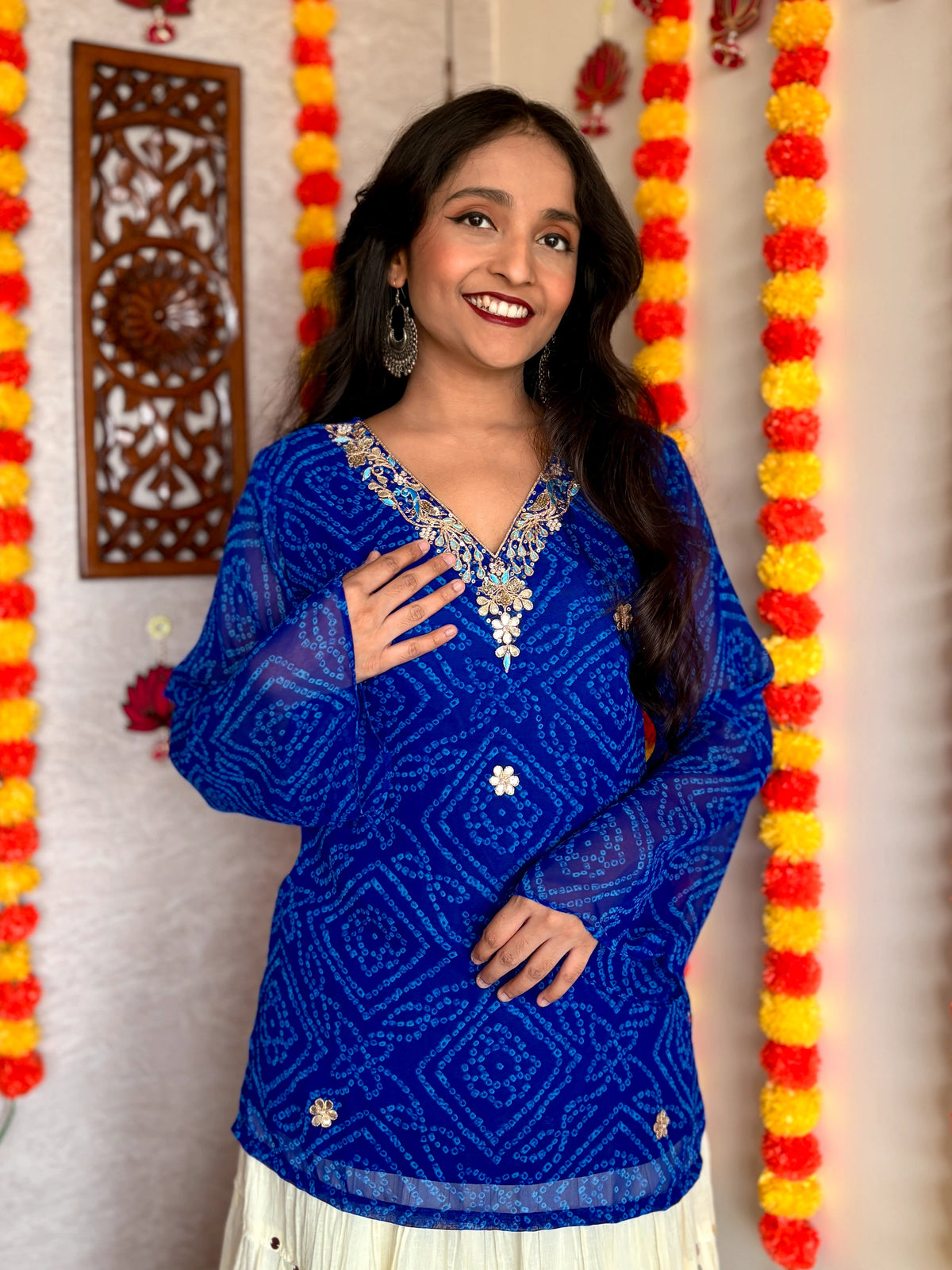 Blue Bandhani Gotta Patti Work Geogratte V-Neck Top