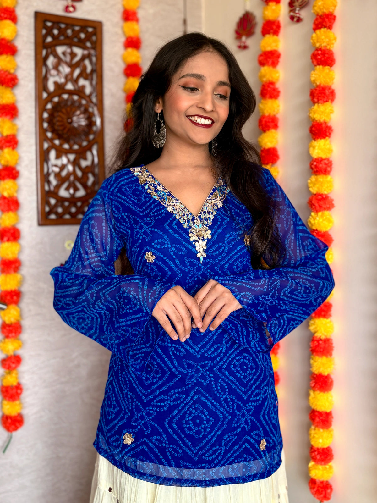 Blue Bandhani Gotta Patti Work Geogratte V-Neck Top
