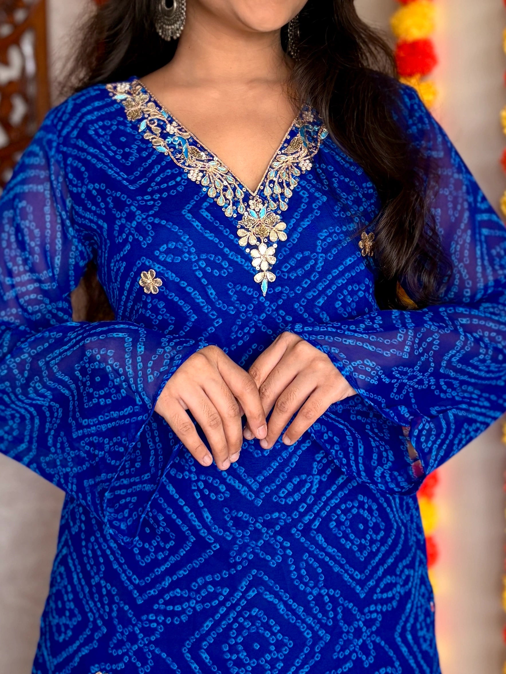 Blue Bandhani Gotta Patti Work Geogratte V-Neck Top