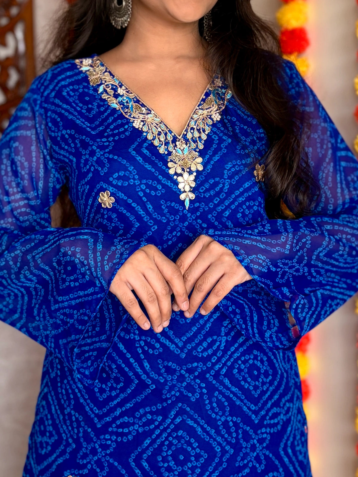 Blue Bandhani Gotta Patti Work Geogratte V-Neck Top
