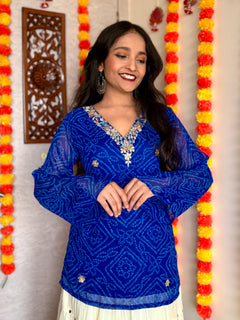 Blue Bandhani Gotta Patti Work Geogratte V-Neck Top