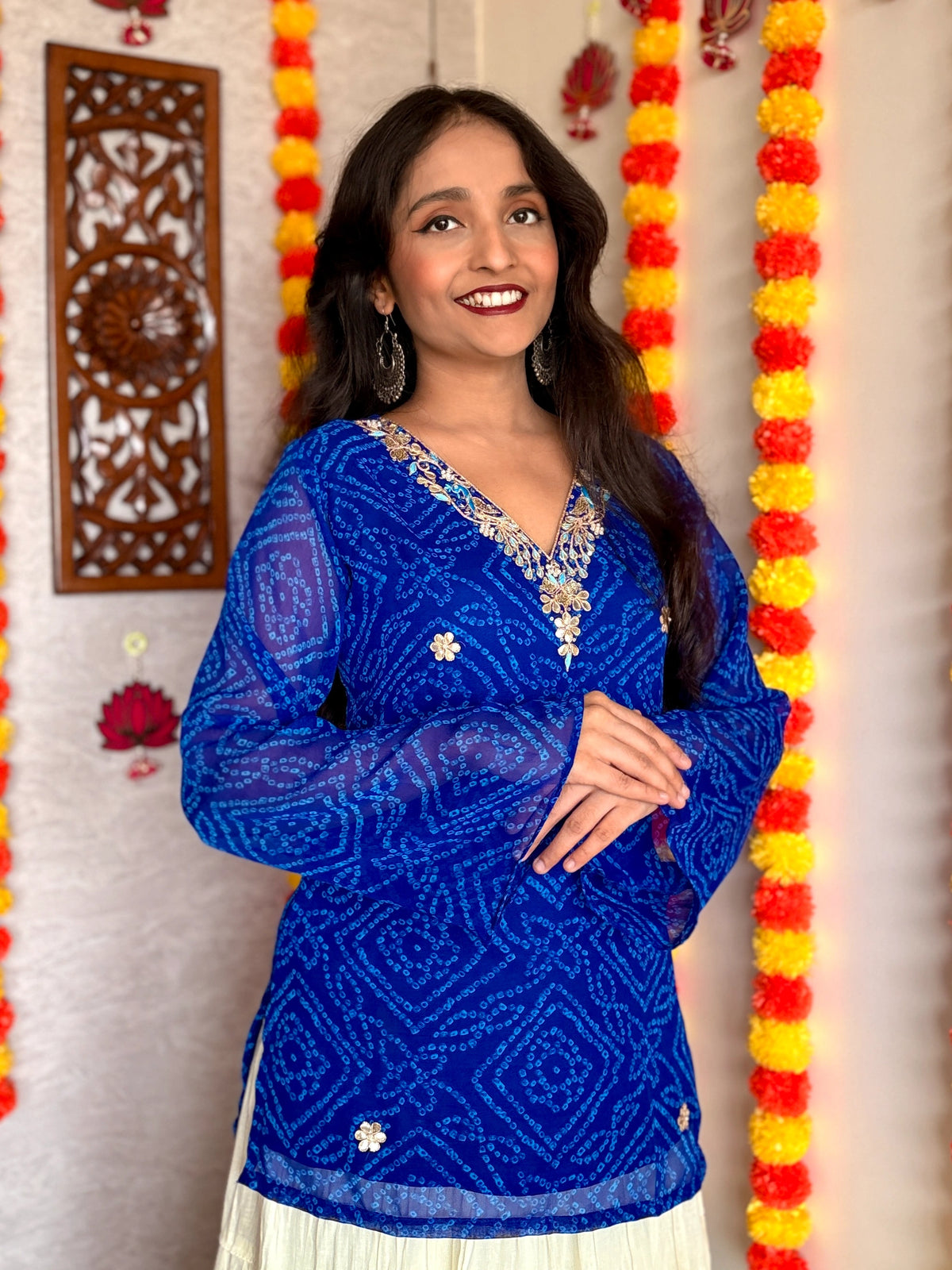 Blue Bandhani Gotta Patti Work Geogratte V-Neck Top