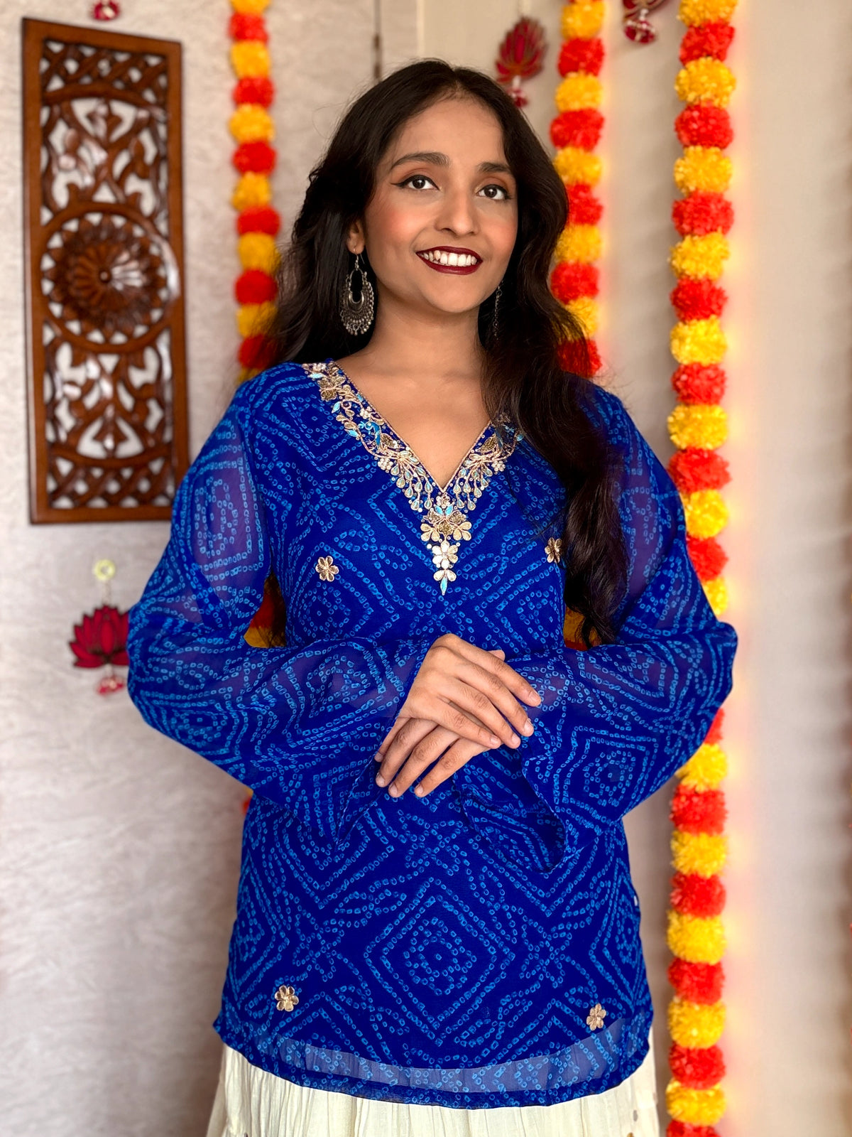 Blue Bandhani Gotta Patti Work Geogratte V-Neck Top
