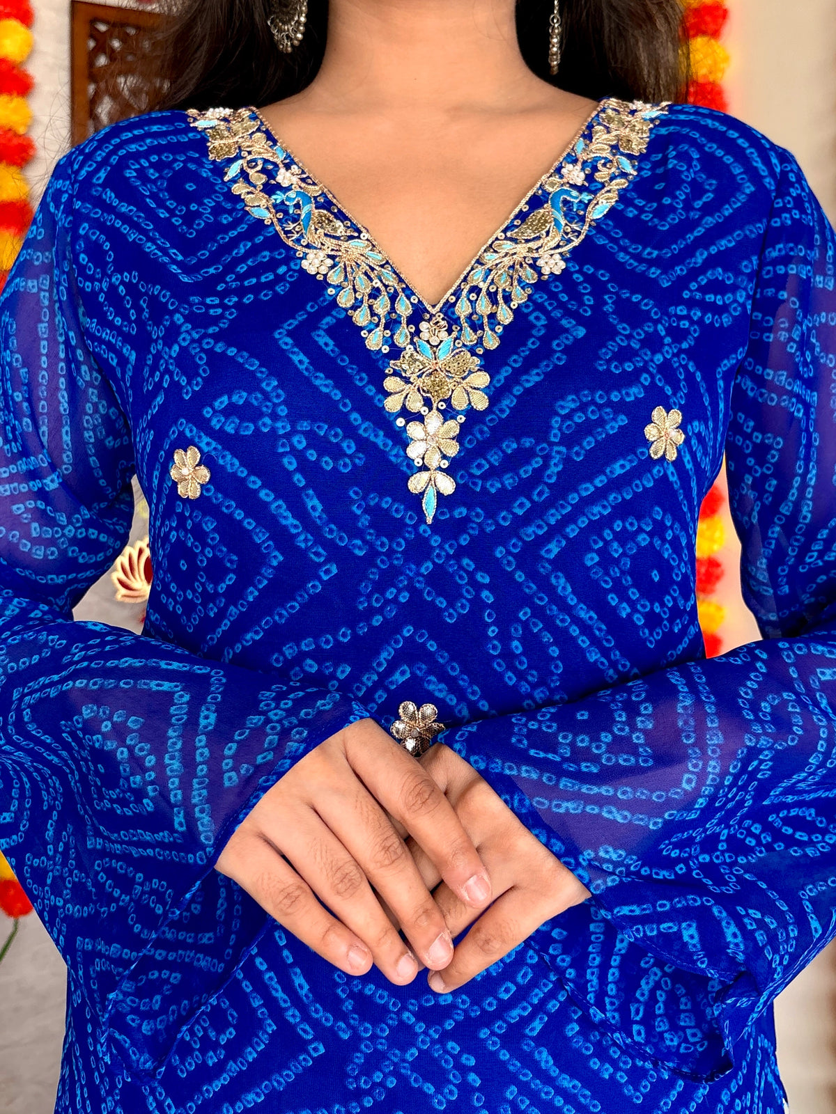 Blue Bandhani Gotta Patti Work Geogratte V-Neck Top