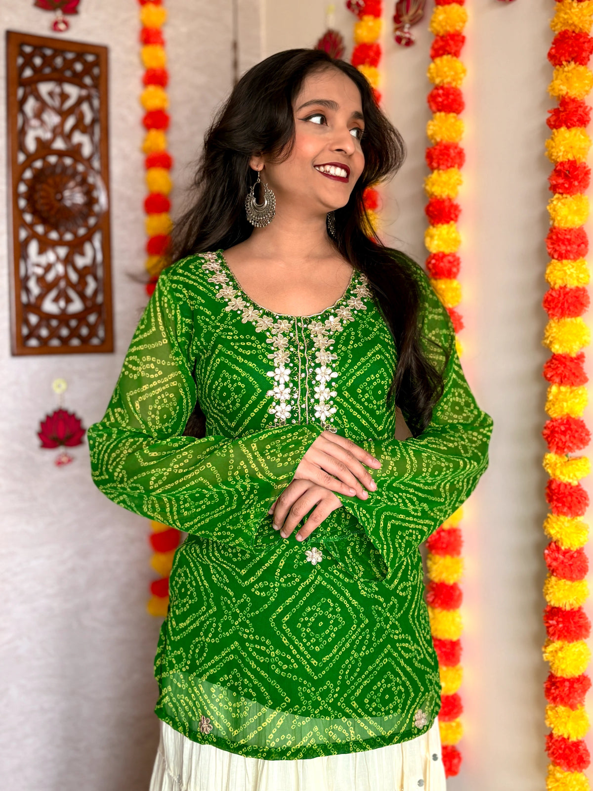 Green Round Neck Georgette Bandhani Print Top