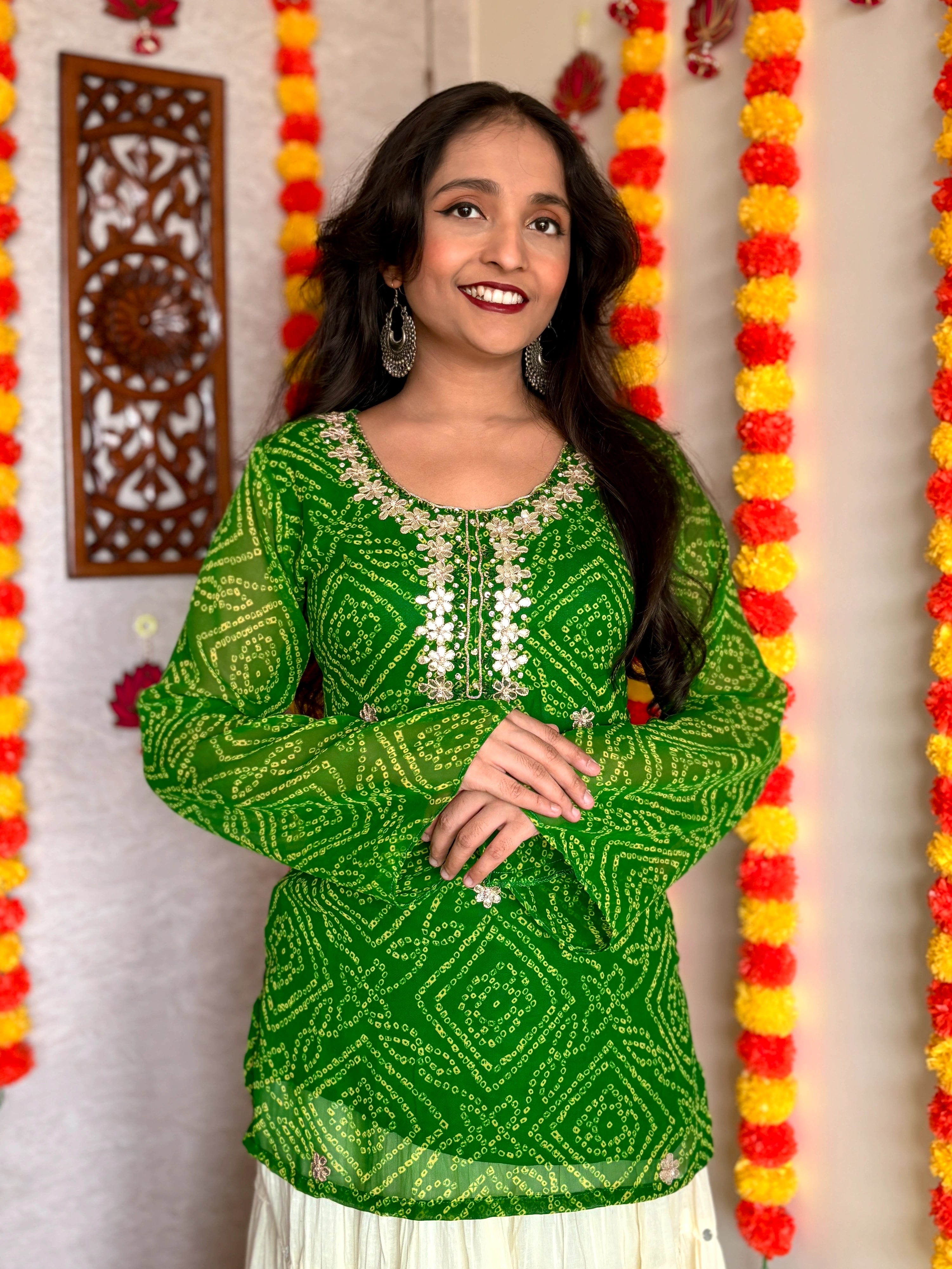 Green Round Neck Georgette Bandhani Print Top