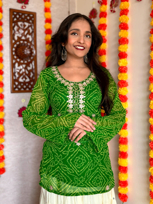 Green Round Neck Georgette Bandhani Print Top