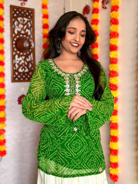 Green Round Neck Georgette Bandhani Print Top