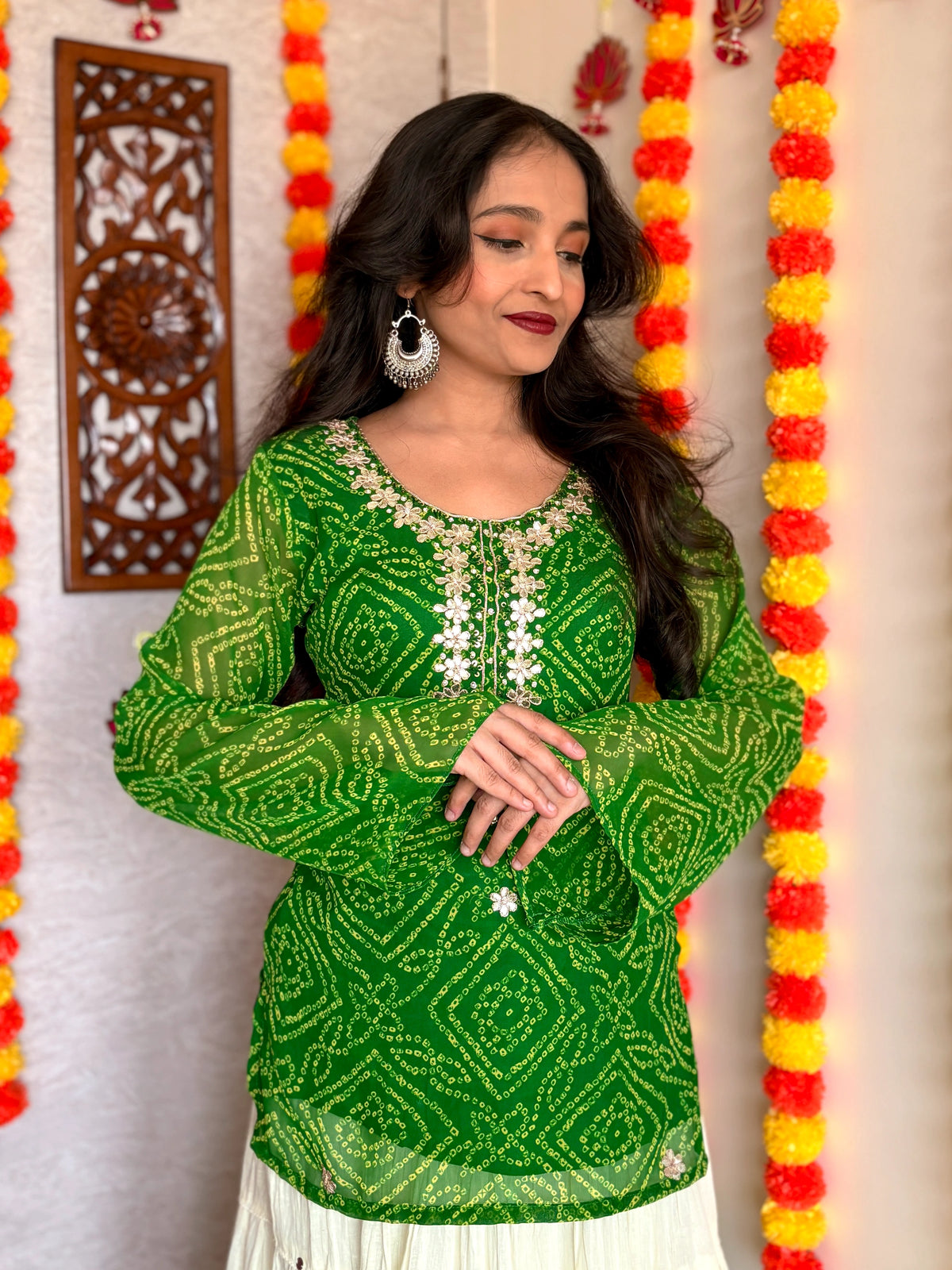Green Round Neck Georgette Bandhani Print Top