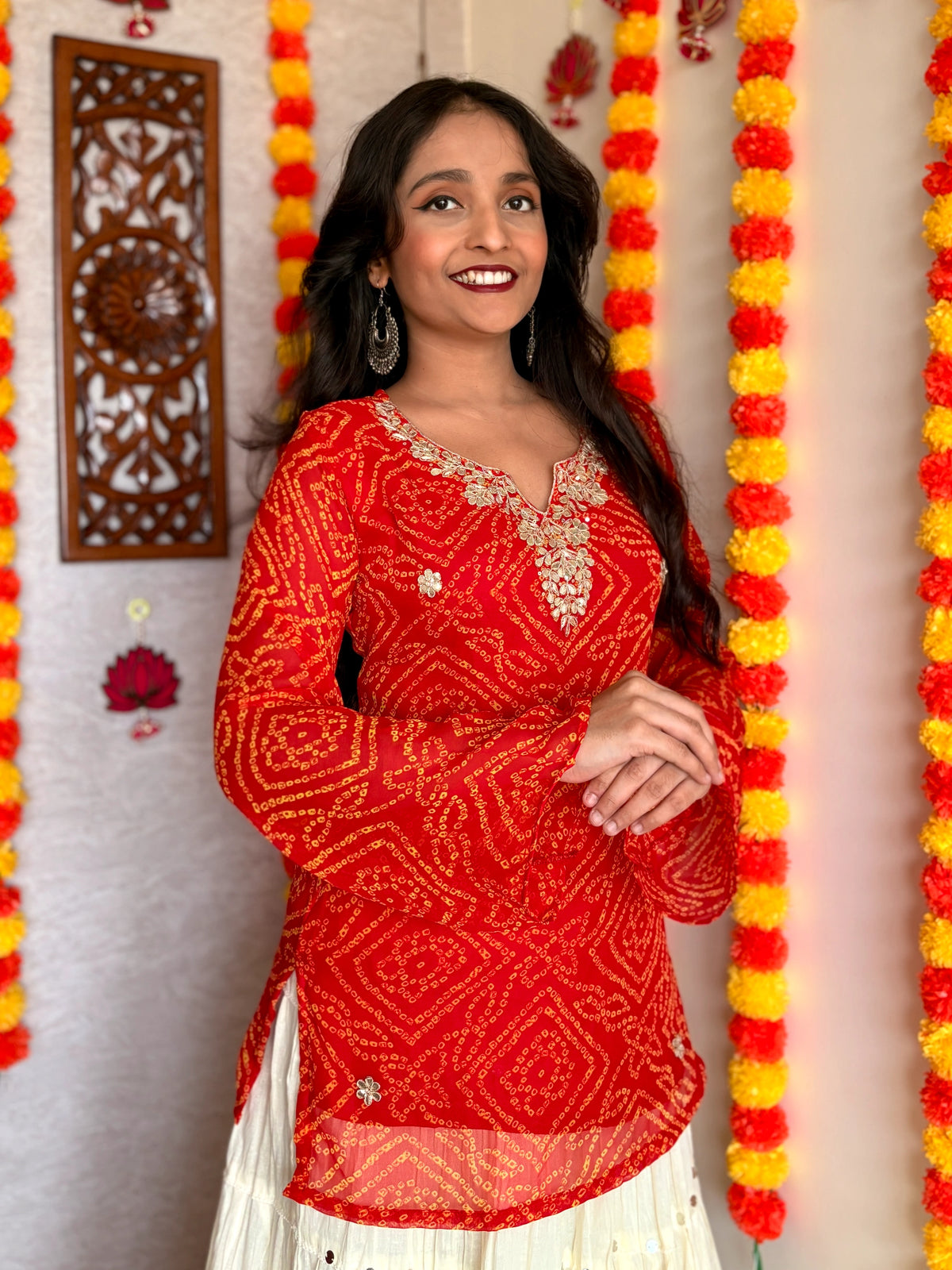Orange Bandhani Gotta Patti Work Geogratte V-Neck Top