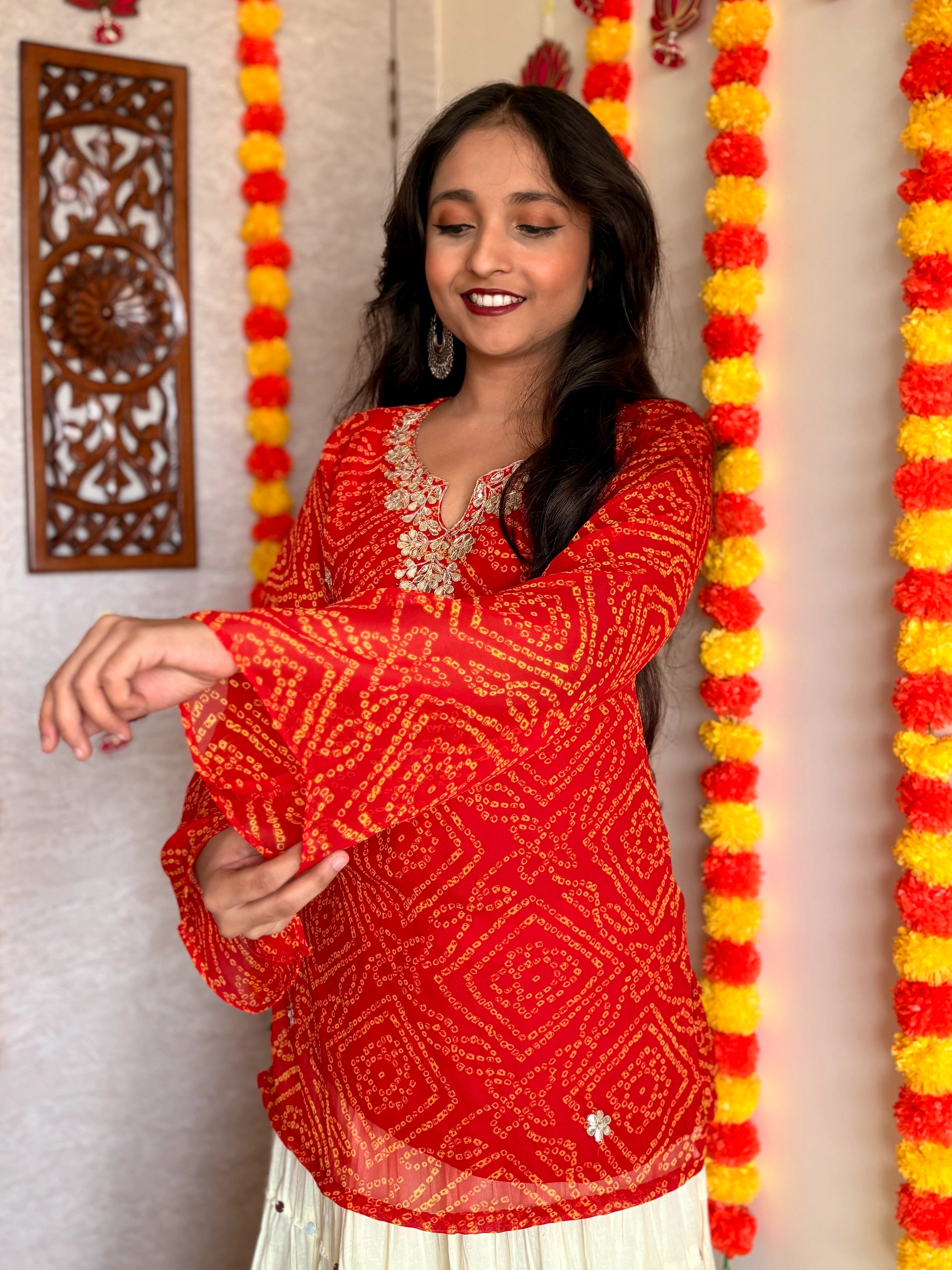 Orange Bandhani Gotta Patti Work Geogratte V-Neck Top