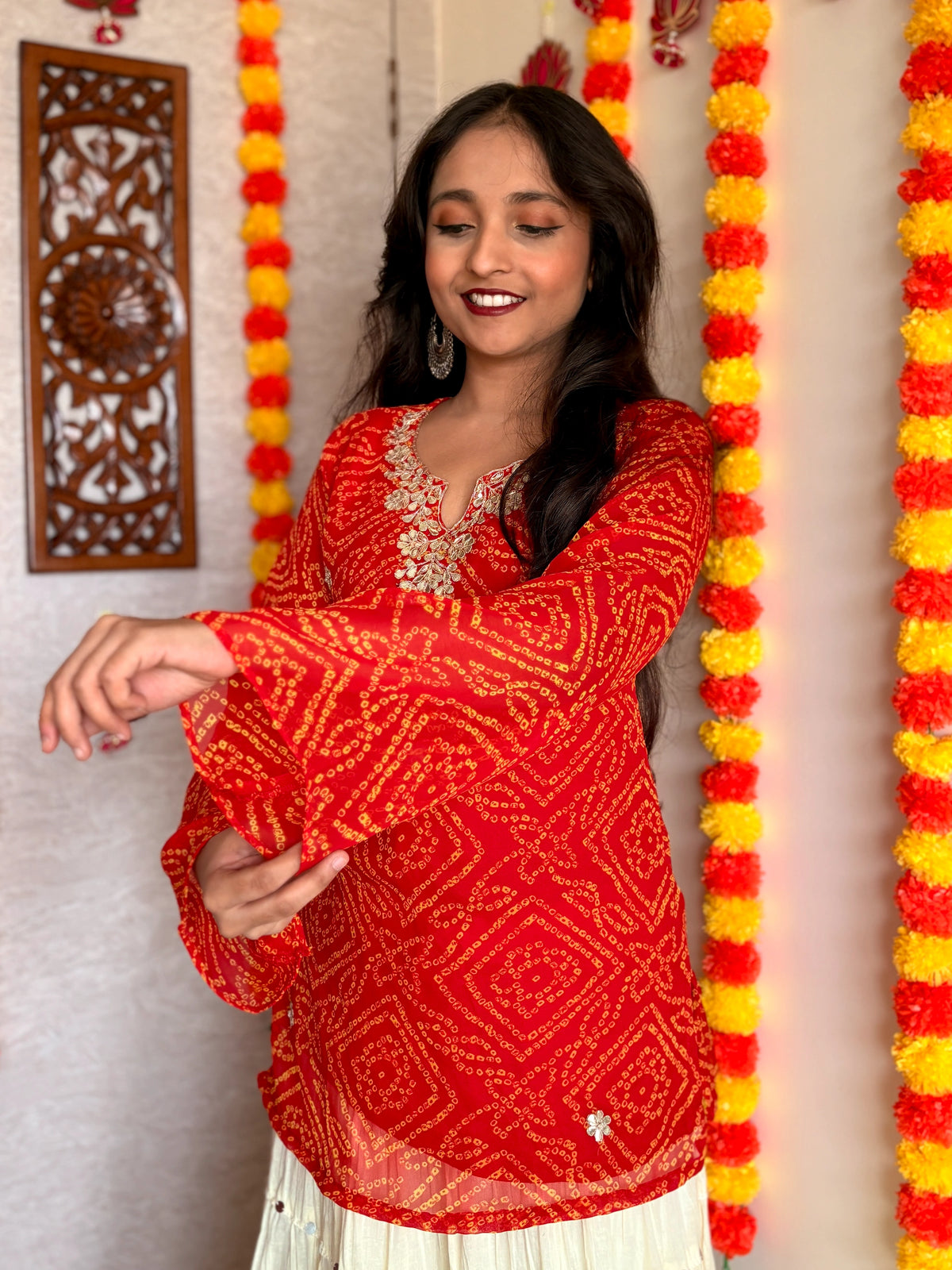 Orange Bandhani Gotta Patti Work Geogratte V-Neck Top