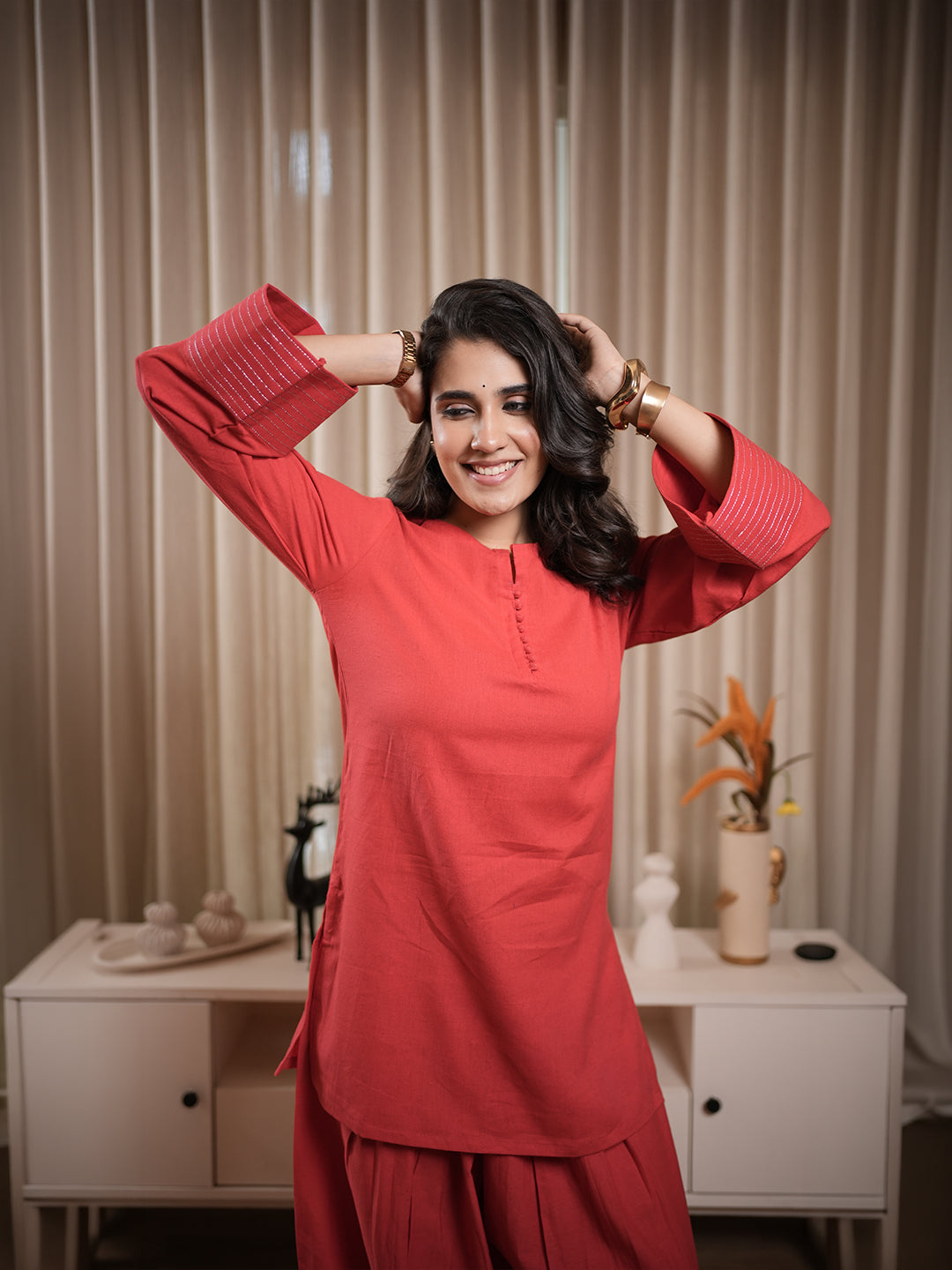 Coral Red Solid Cotton Farshi Salwar Suit Set