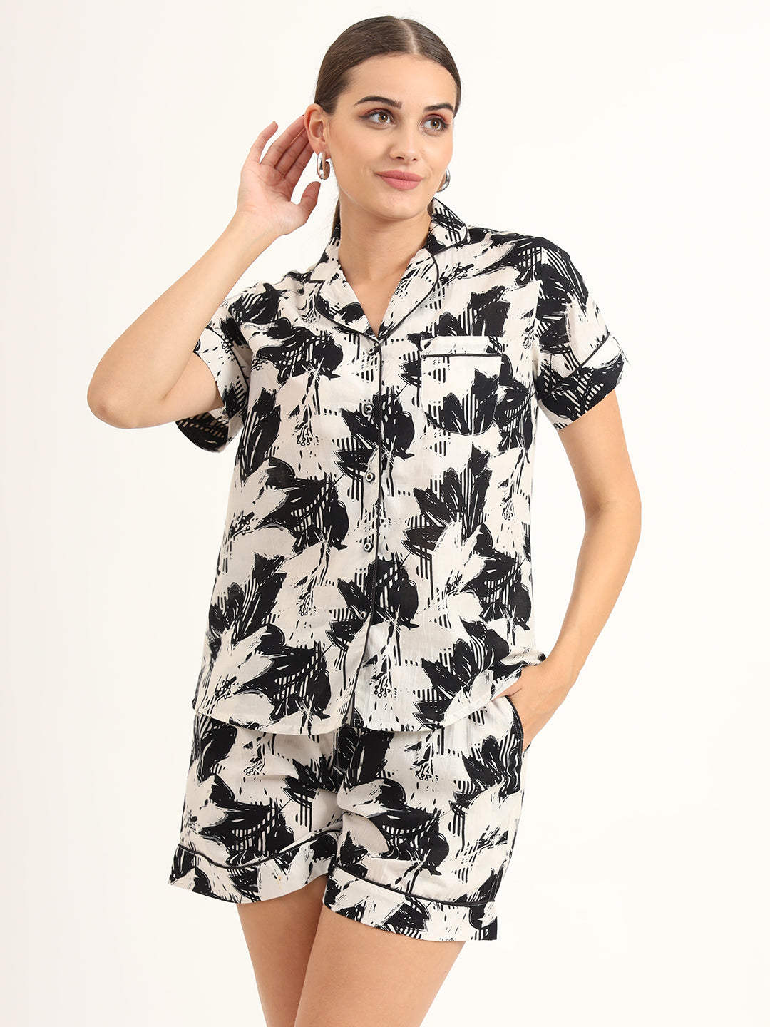 Black & White Asymetric Print Pure Cotton Regular Night Suit